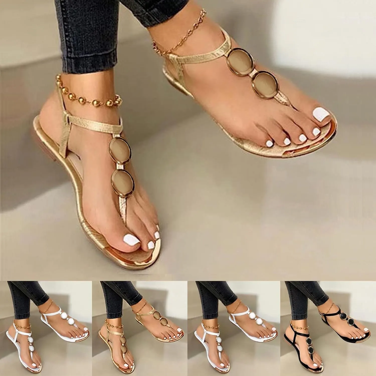 Orthopedic Sandals For Women Open Toe Thong Sandals Metal Ring Flip Flops Roman Shoes Beach Women's Flats Slippers For Ladies
