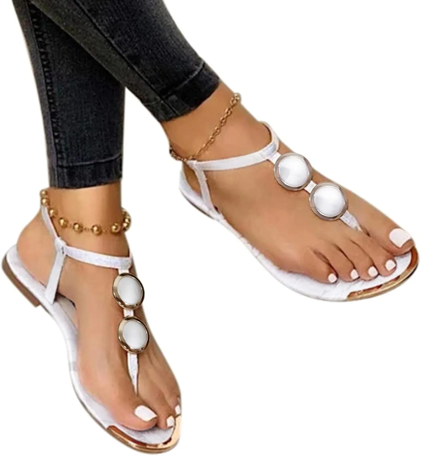Orthopedic Sandals For Women Open Toe Thong Sandals Metal Ring Flip Flops Roman Shoes Beach Women's Flats Slippers For Ladies