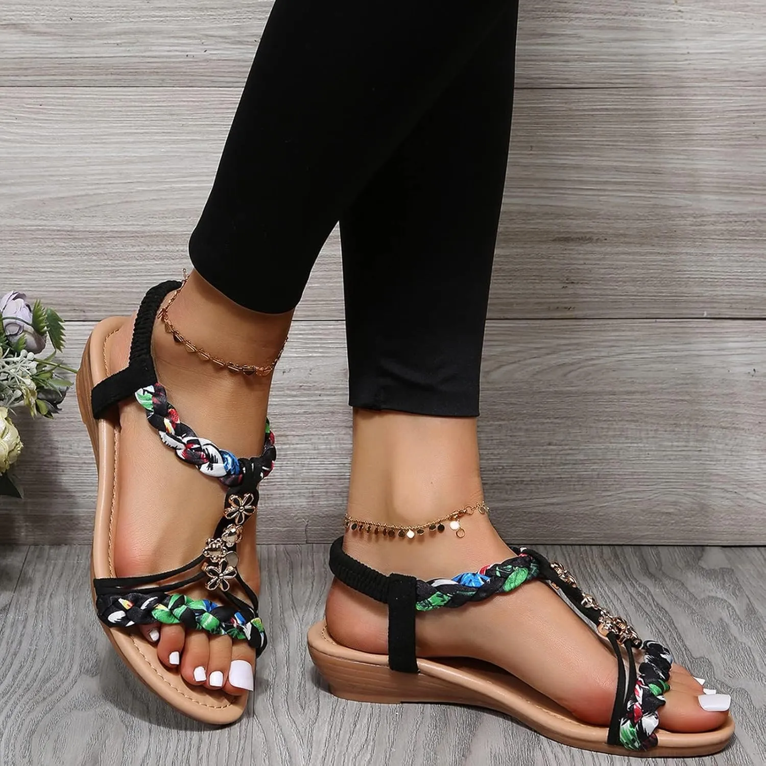 Orthopedic Sandals for Women Summer Arch Support Wedges, Slingback Rhinestone Dressy Sandal T-Strap Open Toe Slippers Comfort Ankle Strap Flat Sandals for Beach Walking