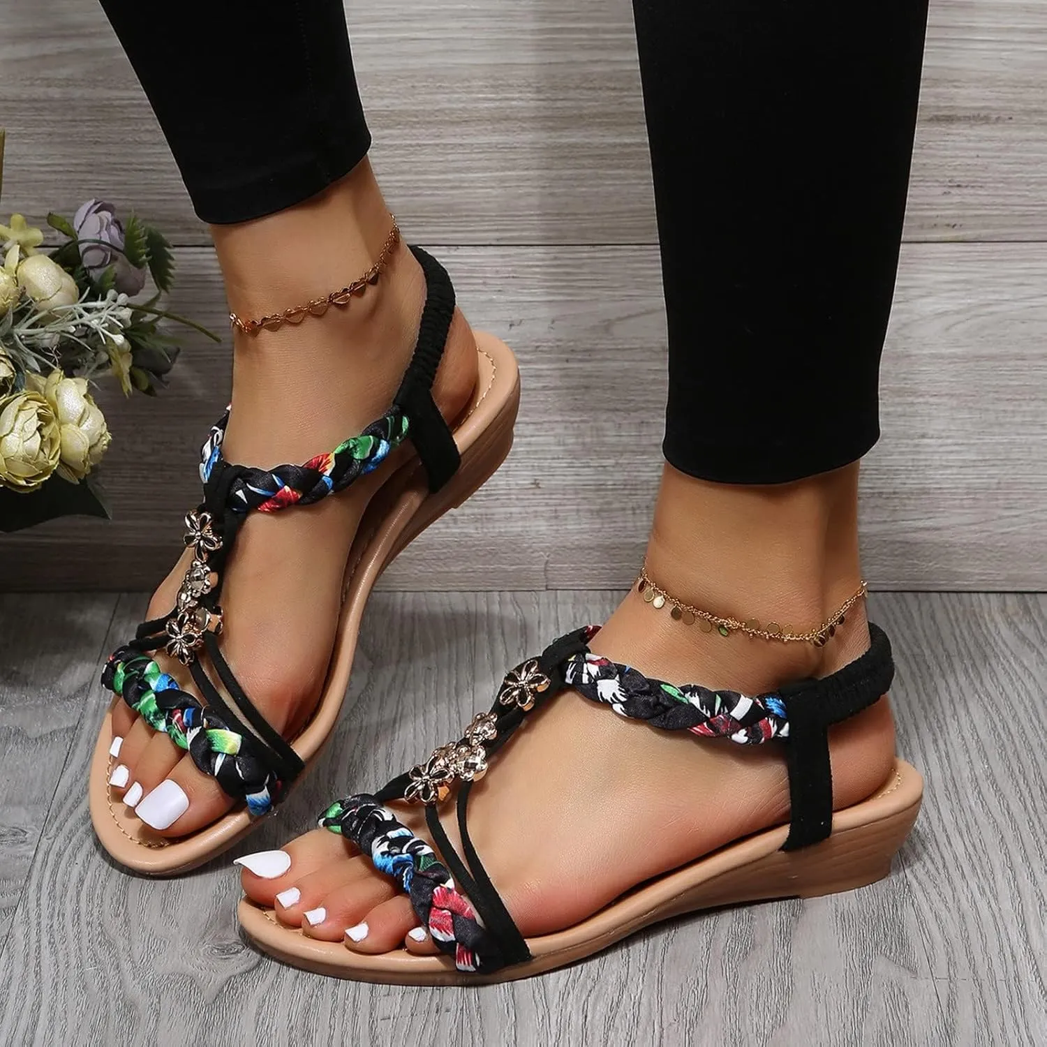 Orthopedic Sandals for Women Summer Arch Support Wedges, Slingback Rhinestone Dressy Sandal T-Strap Open Toe Slippers Comfort Ankle Strap Flat Sandals for Beach Walking