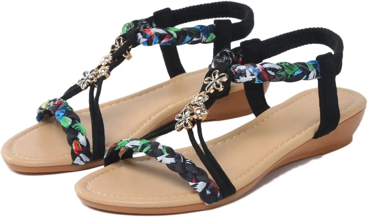 Orthopedic Sandals for Women Summer Arch Support Wedges, Slingback Rhinestone Dressy Sandal T-Strap Open Toe Slippers Comfort Ankle Strap Flat Sandals for Beach Walking