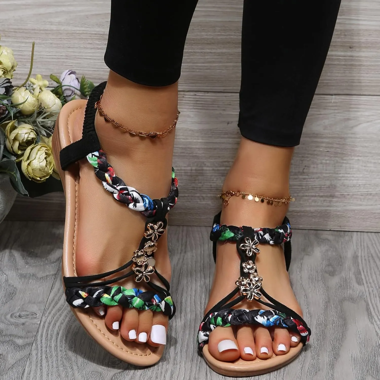 Orthopedic Sandals for Women Summer Arch Support Wedges, Slingback Rhinestone Dressy Sandal T-Strap Open Toe Slippers Comfort Ankle Strap Flat Sandals for Beach Walking