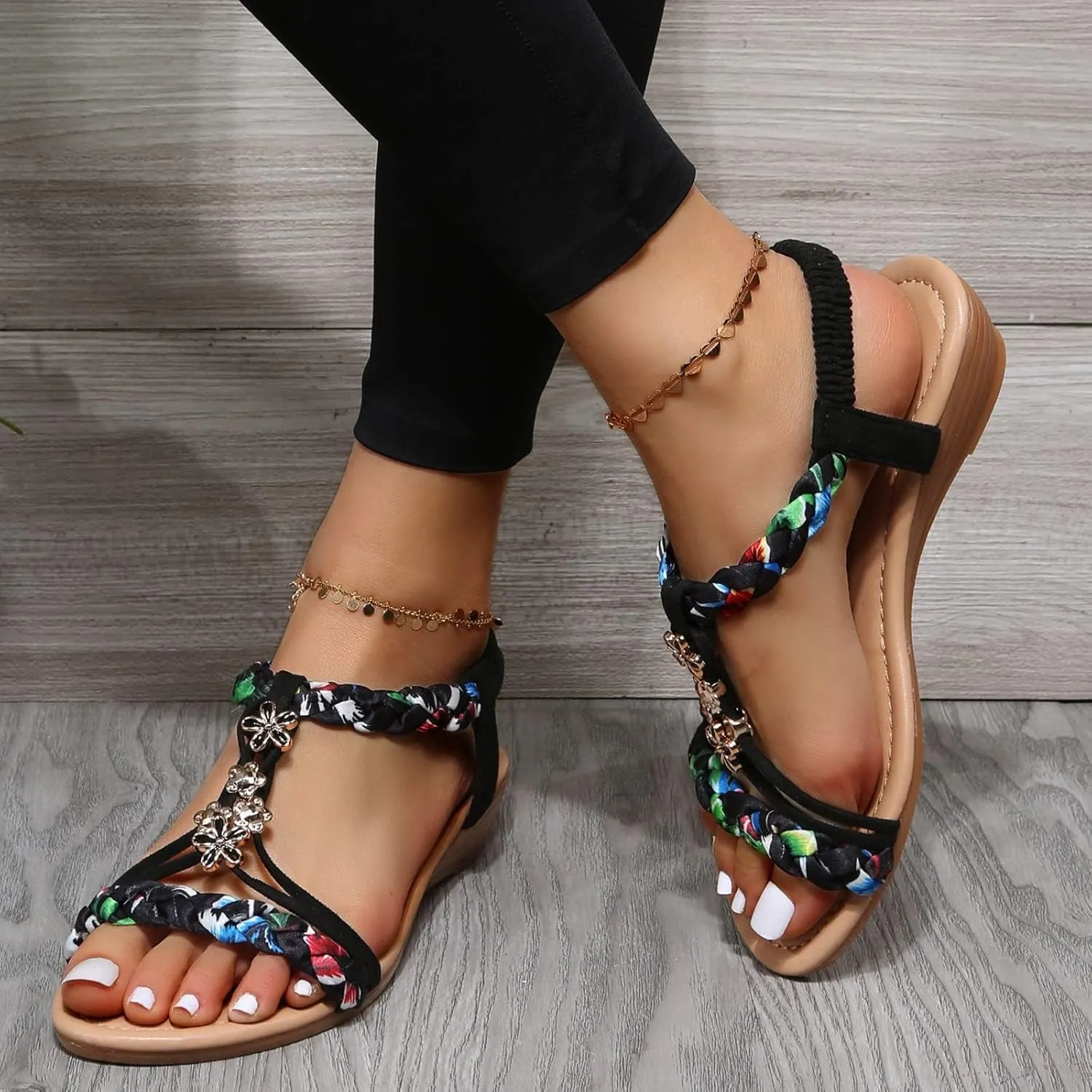 Orthopedic Sandals for Women Summer Arch Support Wedges, Slingback Rhinestone Dressy Sandal T-Strap Open Toe Slippers Comfort Ankle Strap Flat Sandals for Beach Walking