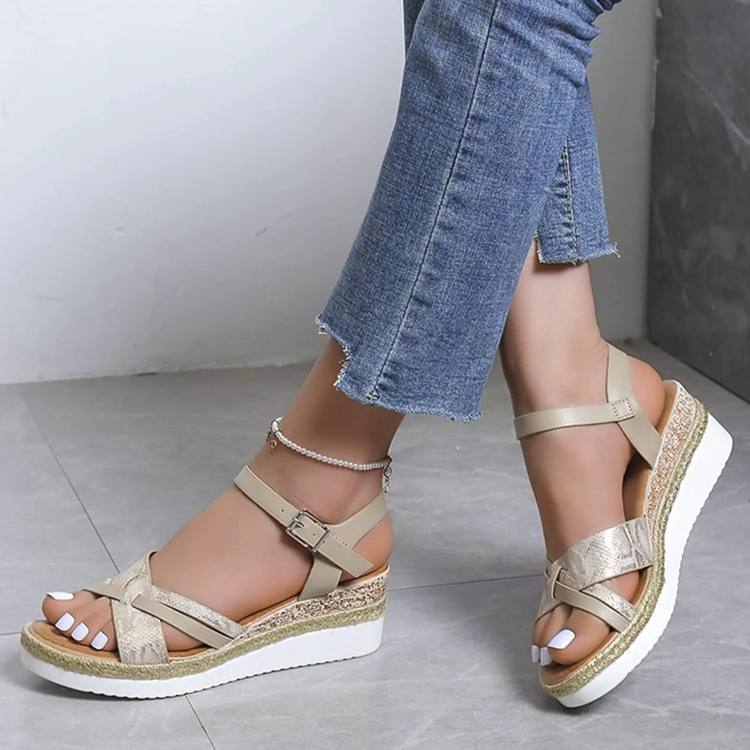 Orthopedic Sandals for Women Summer Platform Wedge Sandals Open Toe Cross Strap Espadrilles Sandal, Ankle Strap Slip on Dress Shoes Beach Boho Comfortable Outdoor Shoes