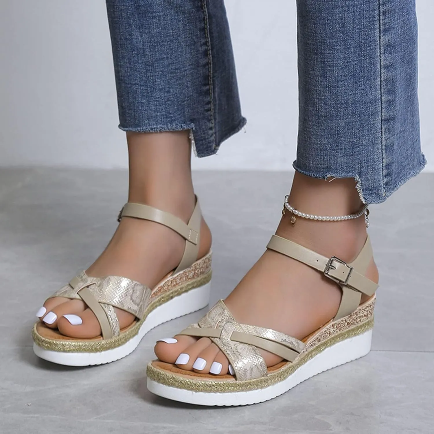 Orthopedic Sandals for Women Summer Platform Wedge Sandals Open Toe Cross Strap Espadrilles Sandal, Ankle Strap Slip on Dress Shoes Beach Boho Comfortable Outdoor Shoes