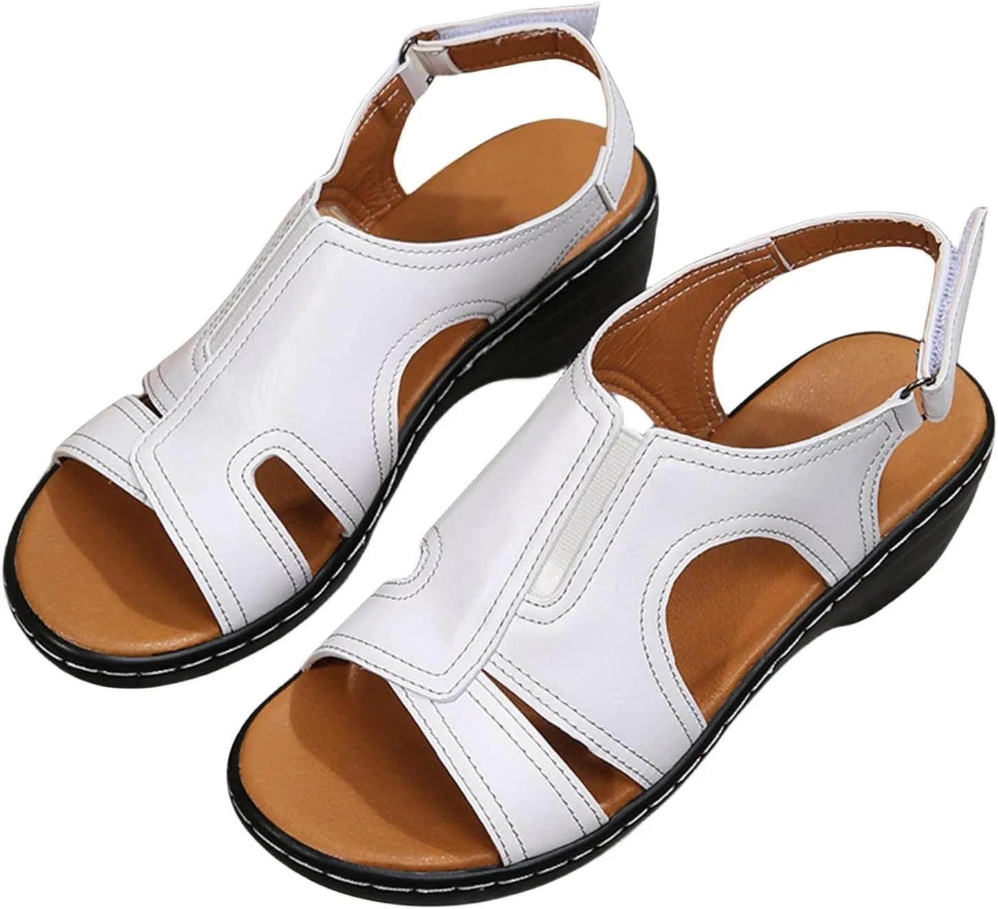 Orthopedic Sandals for Women Wide Width Casual Non-Slip Shoes Women Platform Orthopedic Sandals with Arch Support Stitching Hollow Adjustable Strap Walking Sandal Comfortable Fish Mouth Wedge Sandal