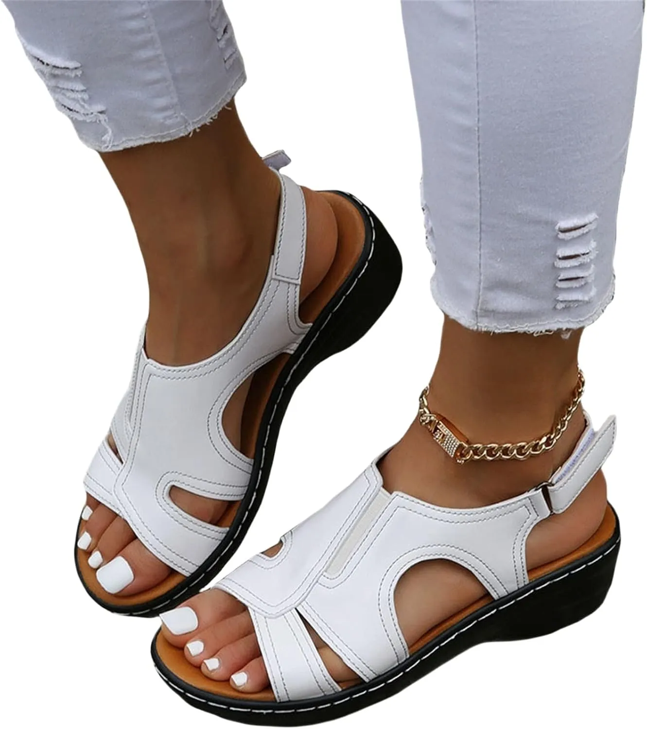 Orthopedic Sandals for Women Wide Width Casual Non-Slip Shoes Women Platform Orthopedic Sandals with Arch Support Stitching Hollow Adjustable Strap Walking Sandal Comfortable Fish Mouth Wedge Sandal