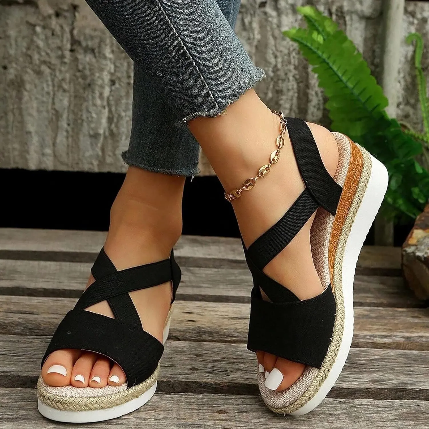 Orthopedic Sandals For Women Women Braided Wedge Platform Sandals Fish Mouth Heels Casual Elastic Strap Dress Flats Slides