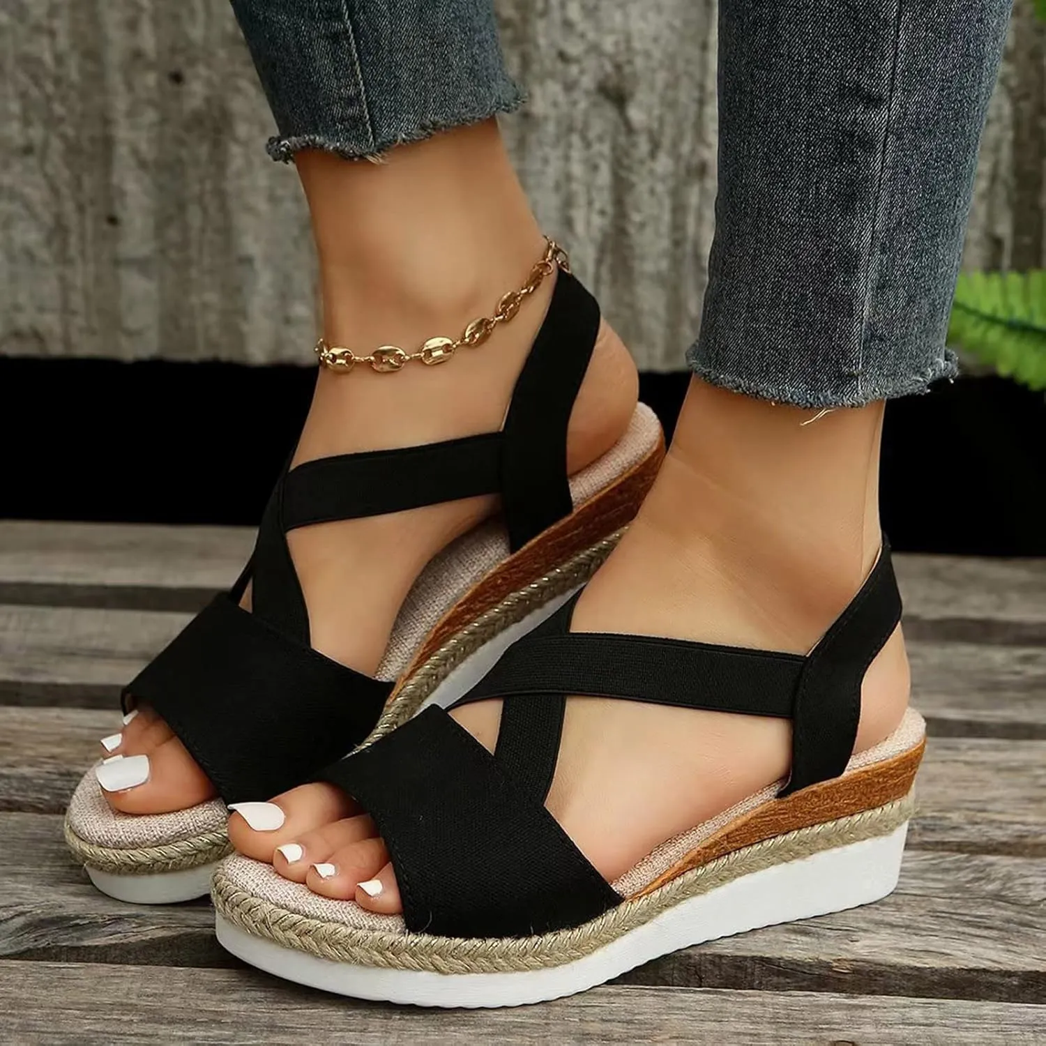 Orthopedic Sandals For Women Women Braided Wedge Platform Sandals Fish Mouth Heels Casual Elastic Strap Dress Flats Slides