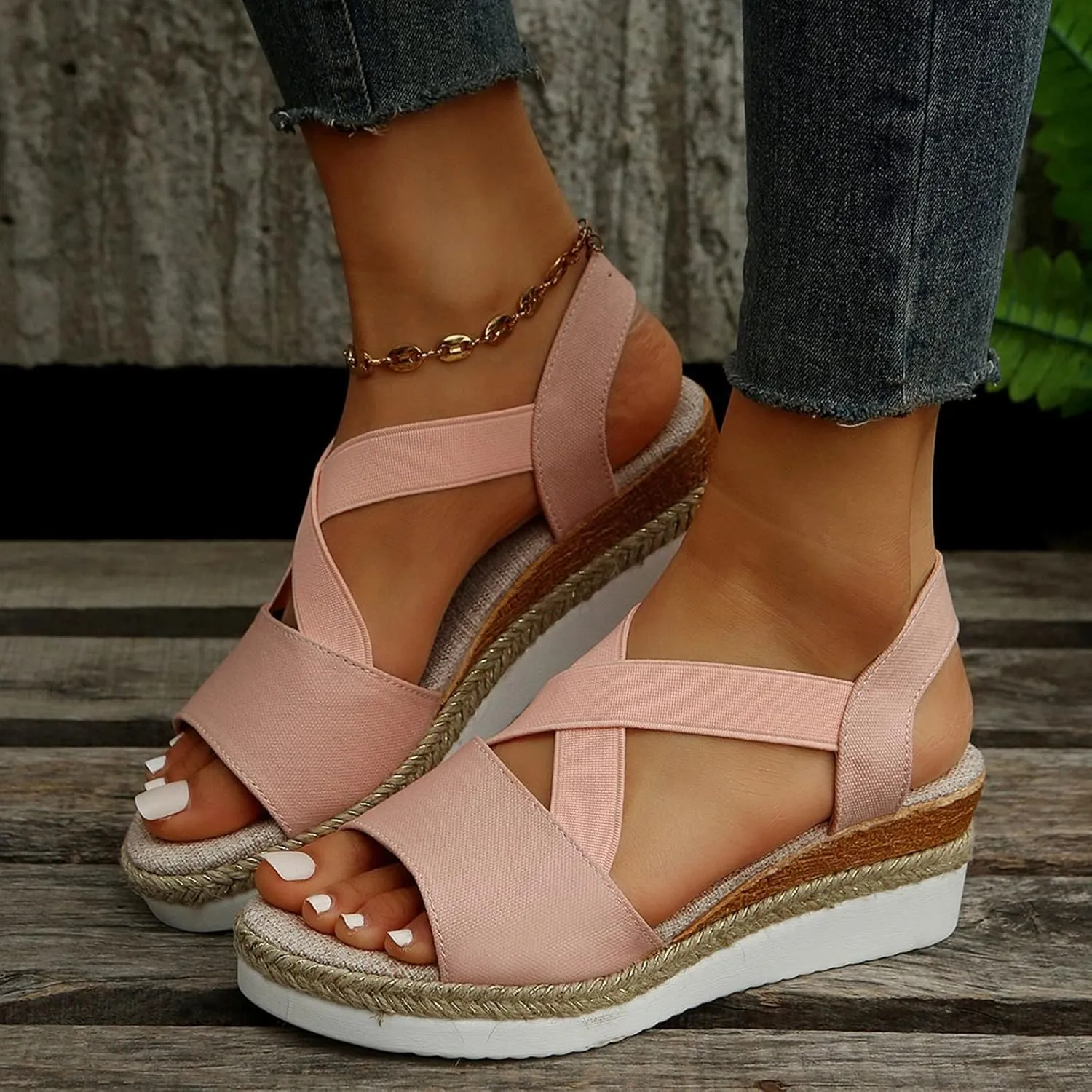 Orthopedic Sandals For Women Women Braided Wedge Platform Sandals Fish Mouth Heels Casual Elastic Strap Dress Flats Slides