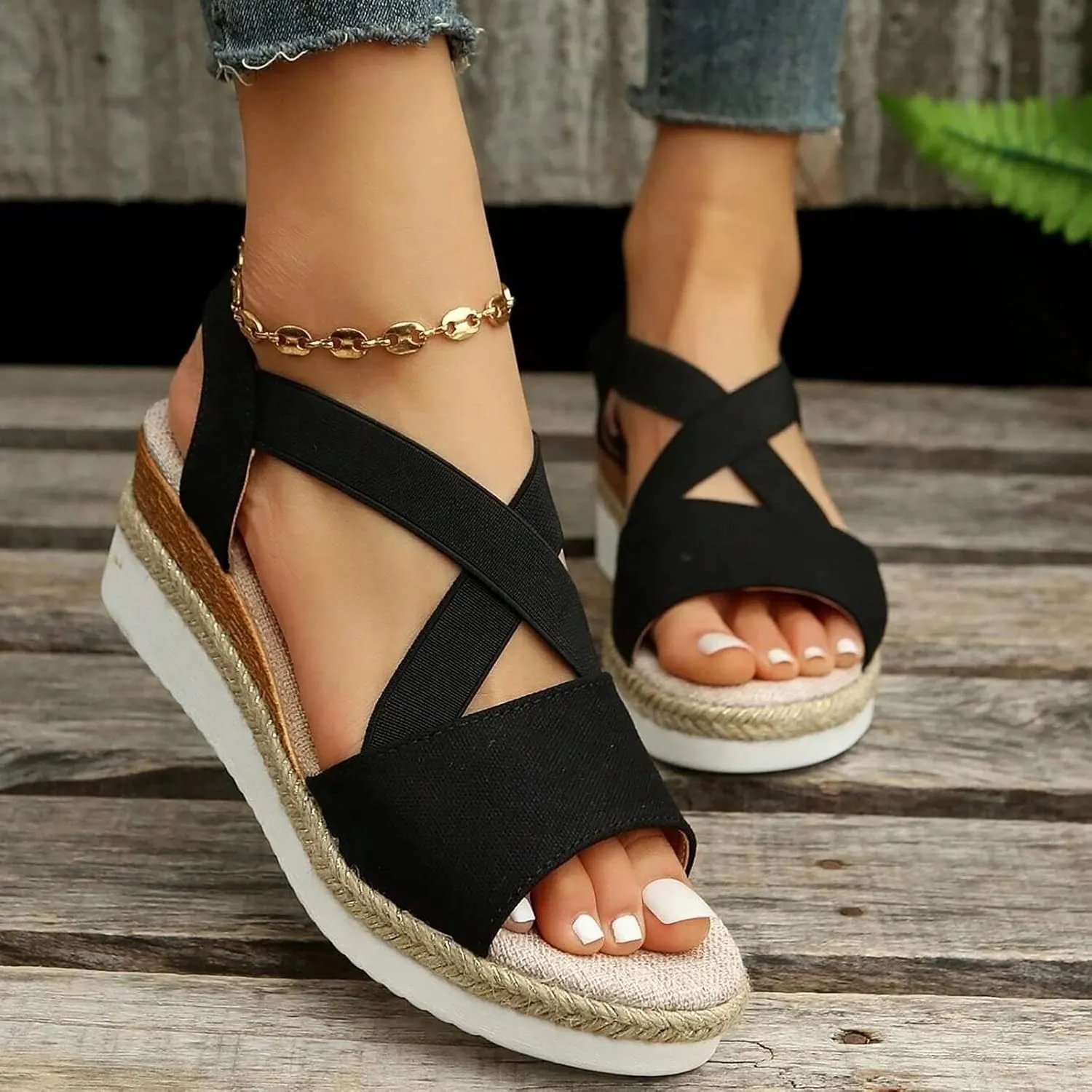 Orthopedic Sandals For Women Women Braided Wedge Platform Sandals Fish Mouth Heels Casual Elastic Strap Dress Flats Slides