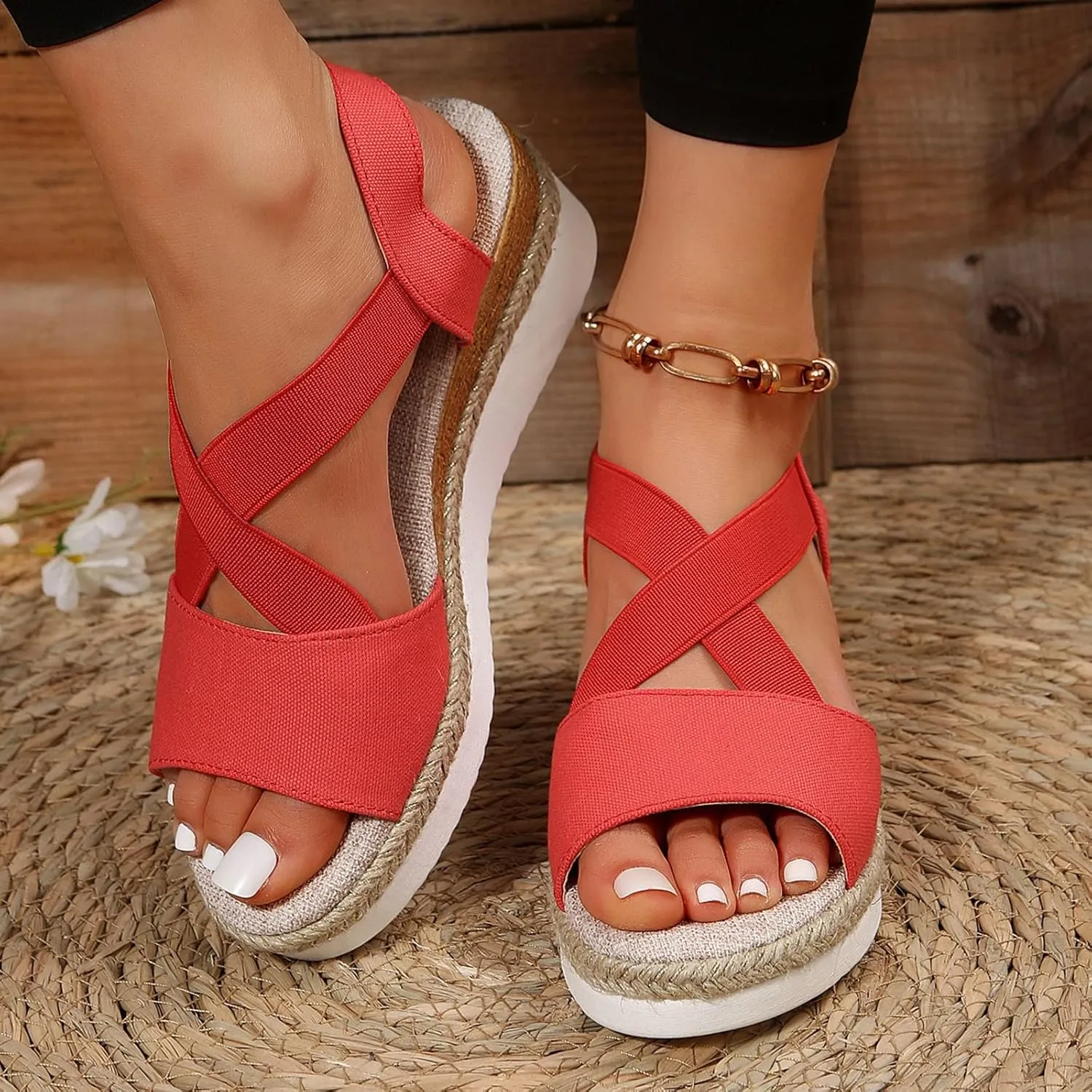 Orthopedic Sandals For Women Women Braided Wedge Platform Sandals Fish Mouth Heels Casual Elastic Strap Dress Flats Slides