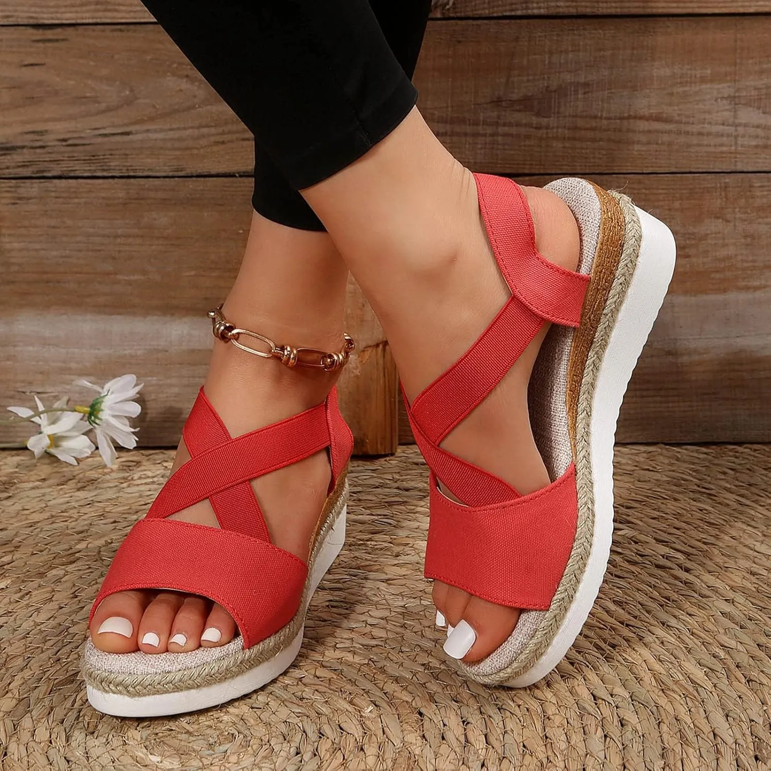 Orthopedic Sandals For Women Women Braided Wedge Platform Sandals Fish Mouth Heels Casual Elastic Strap Dress Flats Slides