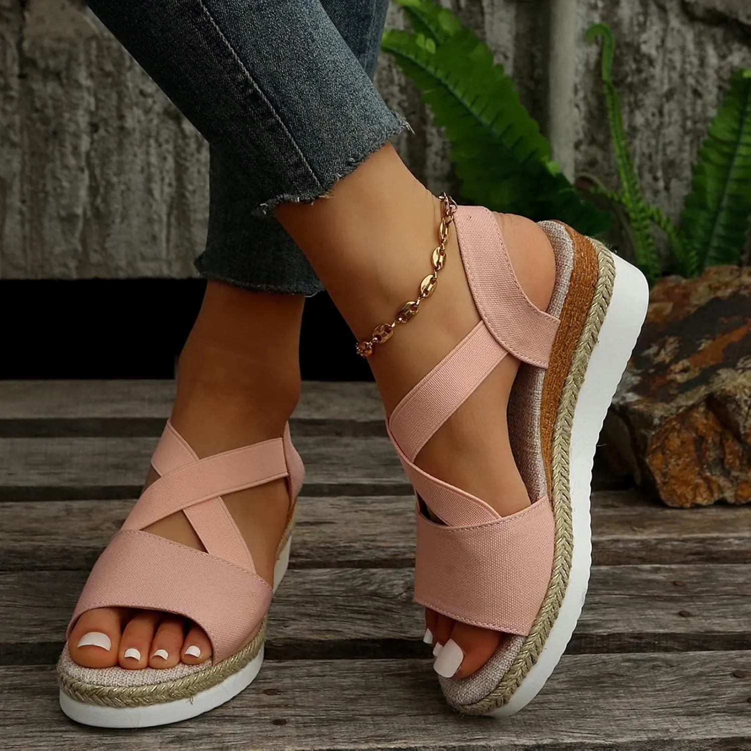 Orthopedic Sandals For Women Women Braided Wedge Platform Sandals Fish Mouth Heels Casual Elastic Strap Dress Flats Slides
