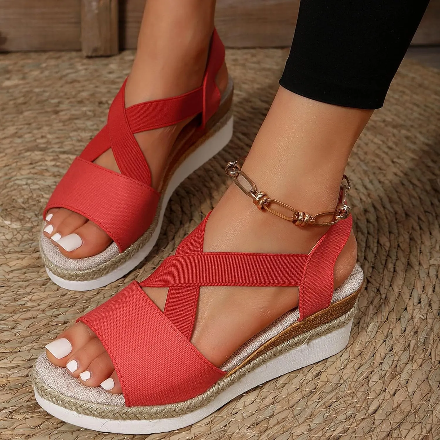 Orthopedic Sandals For Women Women Braided Wedge Platform Sandals Fish Mouth Heels Casual Elastic Strap Dress Flats Slides