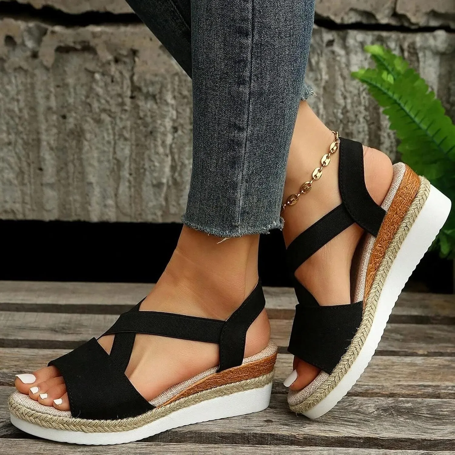 Orthopedic Sandals For Women Women Braided Wedge Platform Sandals Fish Mouth Heels Casual Elastic Strap Dress Flats Slides