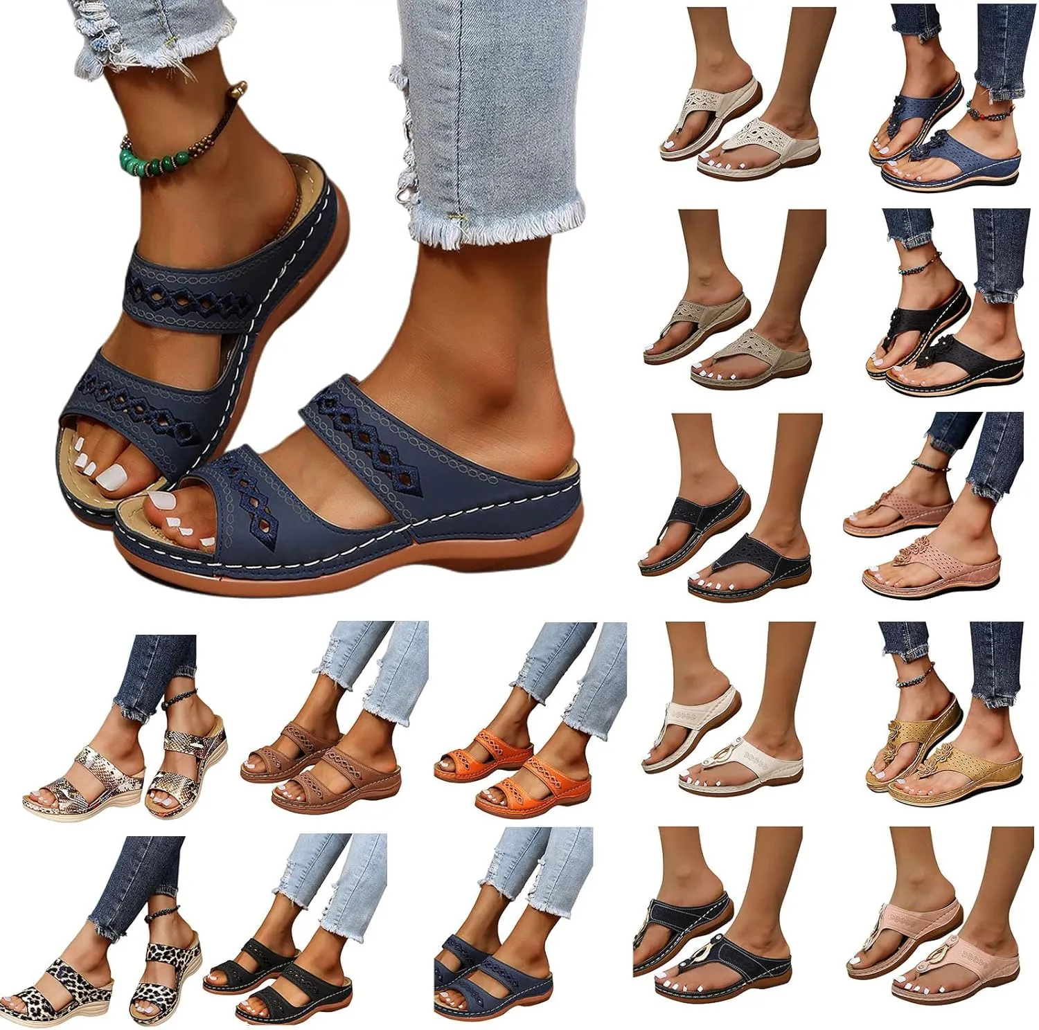 Orthopedic Sandals with Arch Support Flip Flops for Women Ankle Strap Wedge Sandals, Summer Comfortable Platform Walking Sandal Casual Clip Toe Slip on Flip Flops