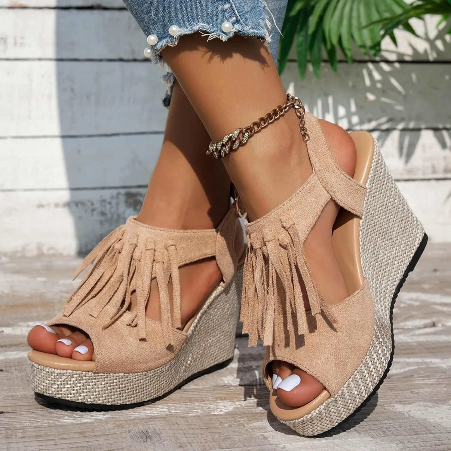 Orthopedic Wedge Sandals For Women Dressy Summer Comfortable Walking 2025 Summer Tassel Suede Woven Casual Open Toe Thick Soled High Heels Sandals Elastic Ankle Strap Beach Walking Shoes