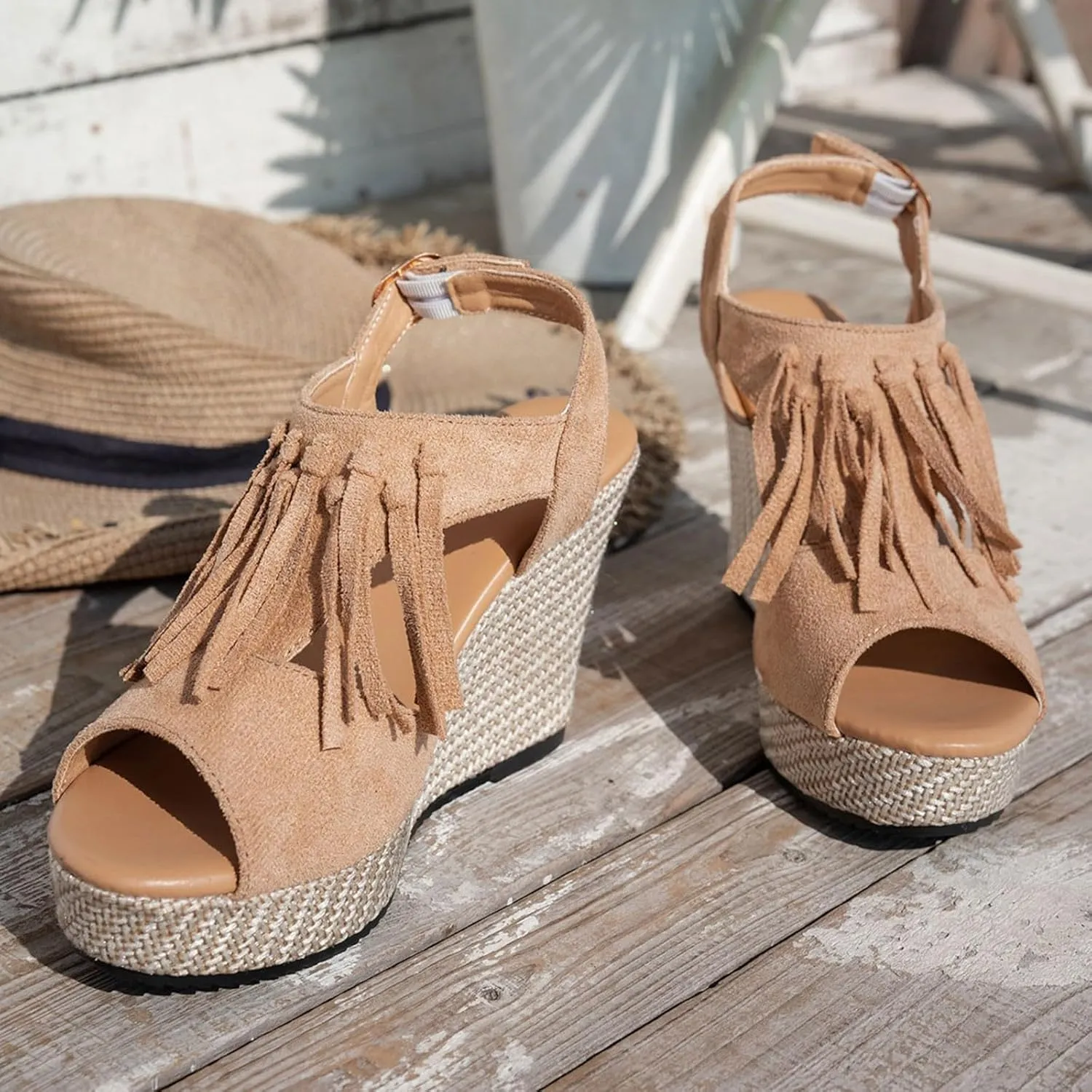 Orthopedic Wedge Sandals For Women Dressy Summer Comfortable Walking 2025 Summer Tassel Suede Woven Casual Open Toe Thick Soled High Heels Sandals Elastic Ankle Strap Beach Walking Shoes