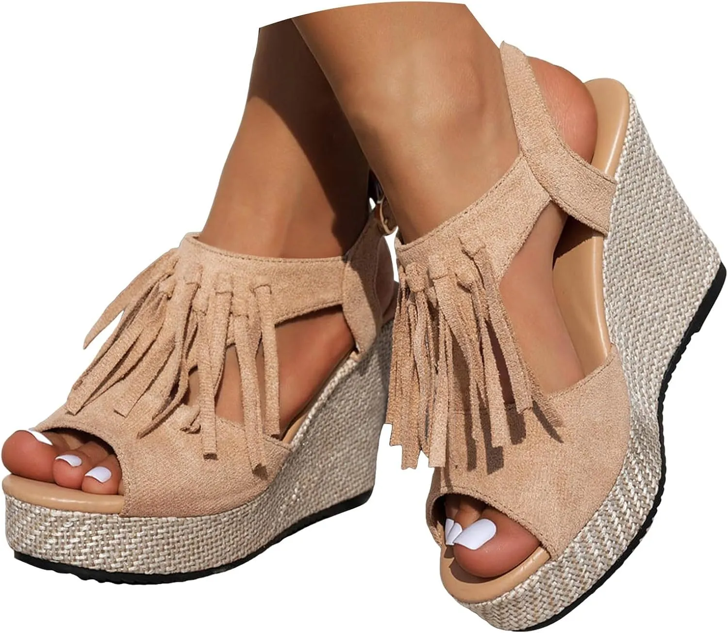 Orthopedic Wedge Sandals For Women Dressy Summer Comfortable Walking 2025 Summer Tassel Suede Woven Casual Open Toe Thick Soled High Heels Sandals Elastic Ankle Strap Beach Walking Shoes