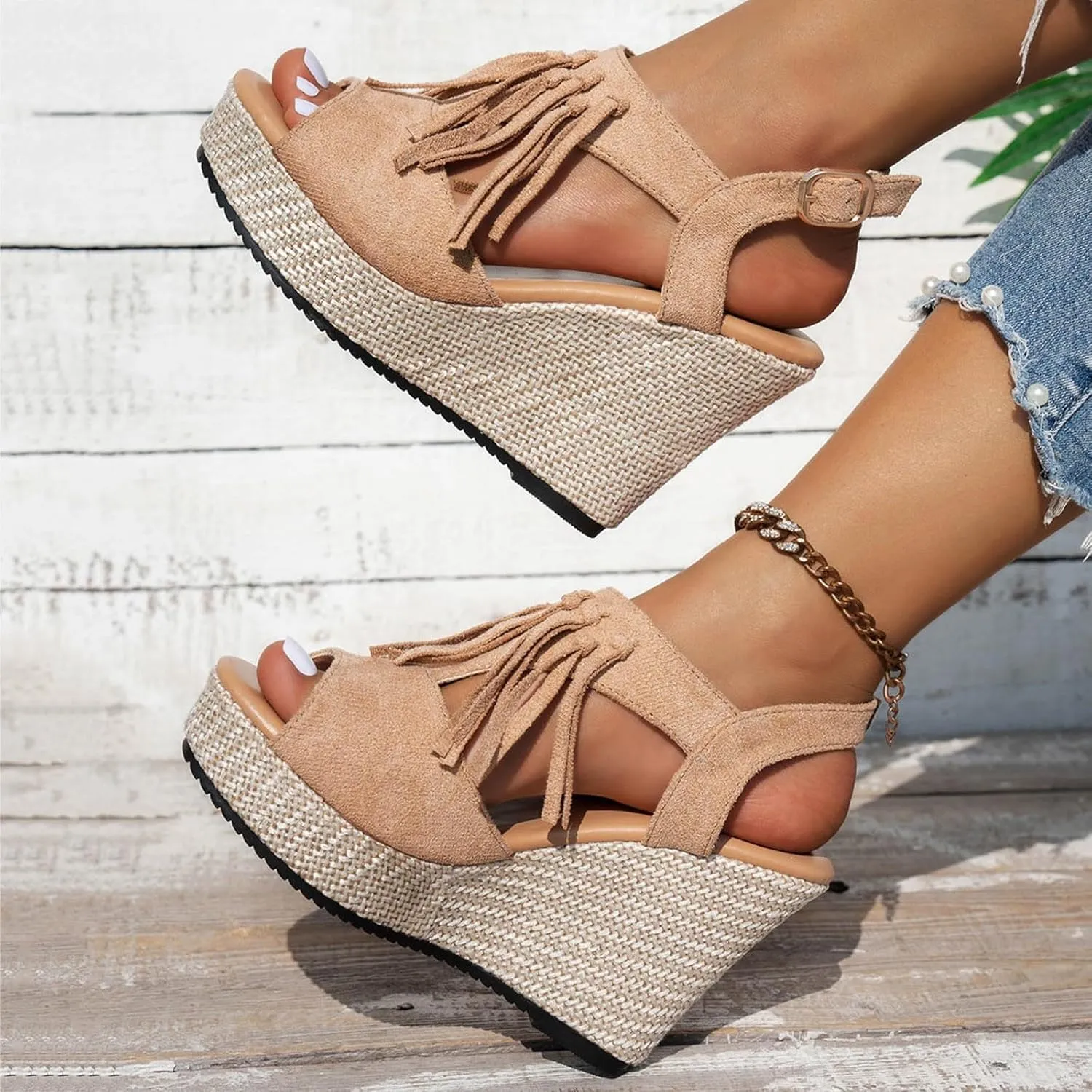 Orthopedic Wedge Sandals For Women Dressy Summer Comfortable Walking 2025 Summer Tassel Suede Woven Casual Open Toe Thick Soled High Heels Sandals Elastic Ankle Strap Beach Walking Shoes