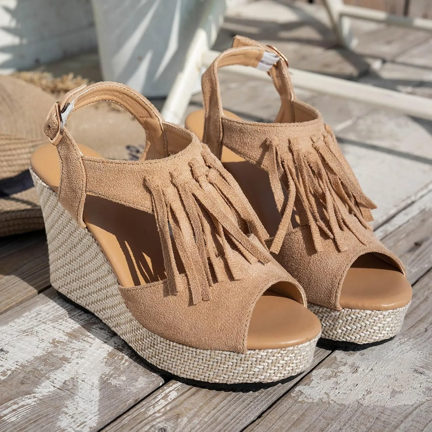 Orthopedic Wedge Sandals For Women Dressy Summer Comfortable Walking 2025 Summer Tassel Suede Woven Casual Open Toe Thick Soled High Heels Sandals Elastic Ankle Strap Beach Walking Shoes
