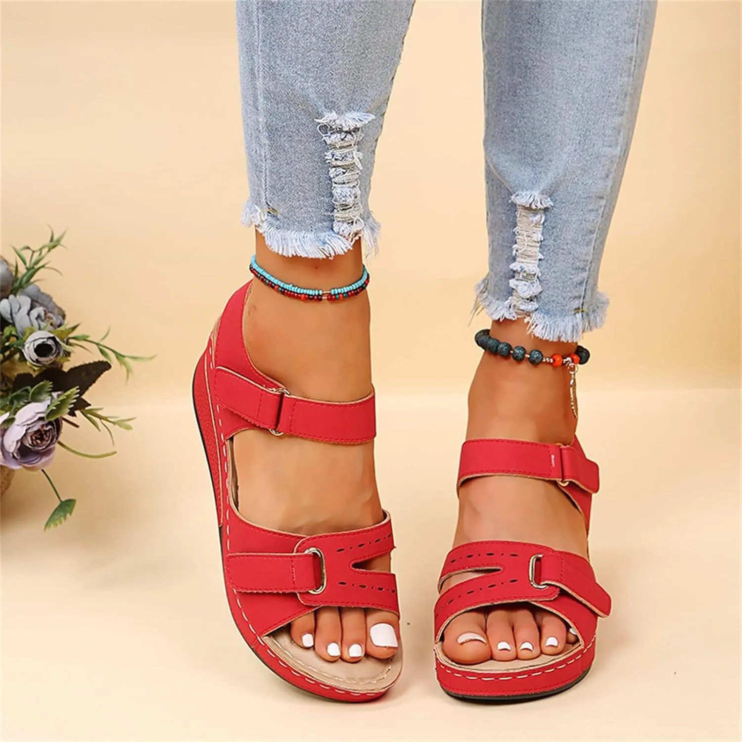 Orthopedic Wedge Sandals for Women,Comfortable Low Heel Slip on Sandals with Adjustable Ankle Straps and Arch Support Summer Dressy Open Toe Platform Beach Walking Shoes for Outdoor