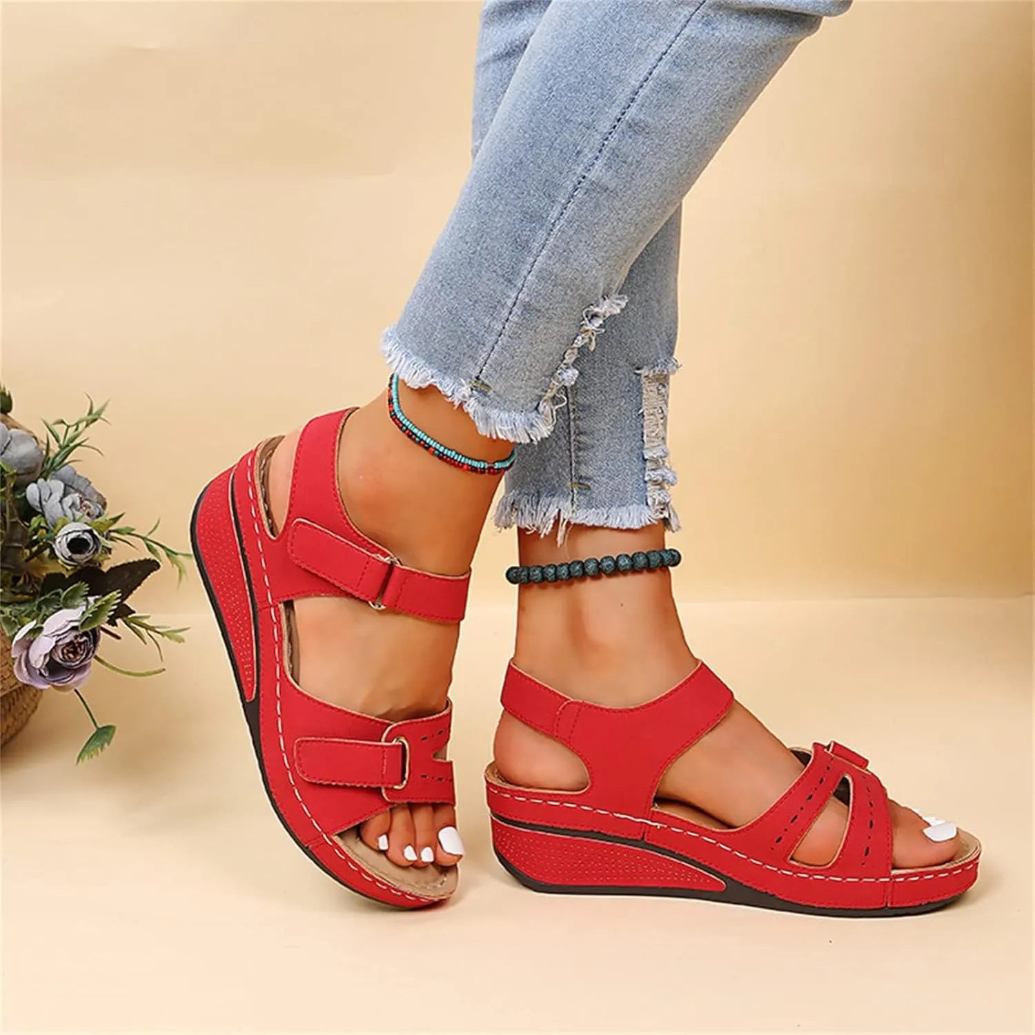 Orthopedic Wedge Sandals for Women,Comfortable Low Heel Slip on Sandals with Adjustable Ankle Straps and Arch Support Summer Dressy Open Toe Platform Beach Walking Shoes for Outdoor