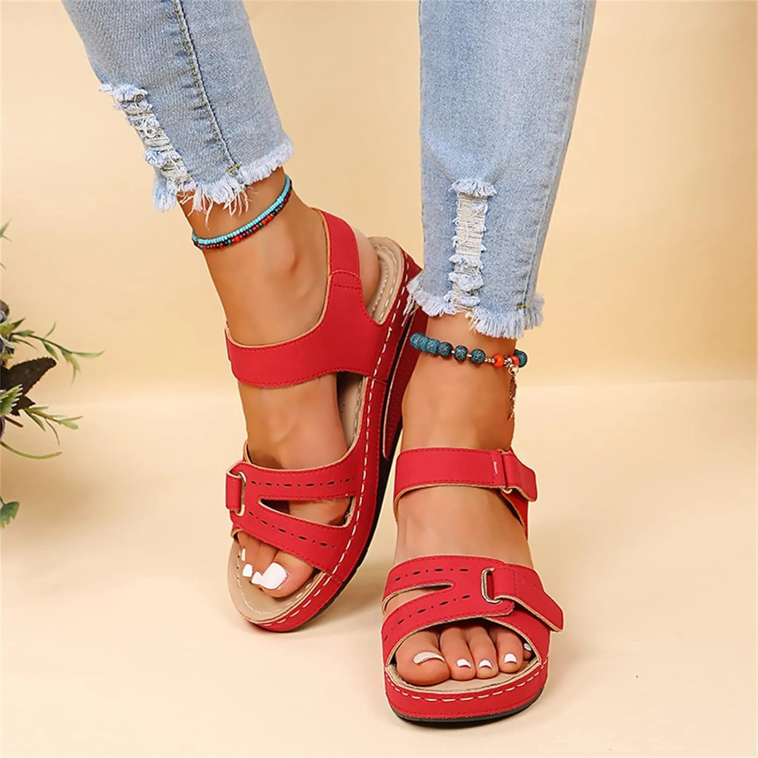 Orthopedic Wedge Sandals for Women,Comfortable Low Heel Slip on Sandals with Adjustable Ankle Straps and Arch Support Summer Dressy Open Toe Platform Beach Walking Shoes for Outdoor