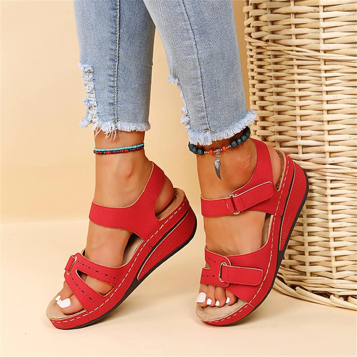 Orthopedic Wedge Sandals for Women,Comfortable Low Heel Slip on Sandals with Adjustable Ankle Straps and Arch Support Summer Dressy Open Toe Platform Beach Walking Shoes for Outdoor