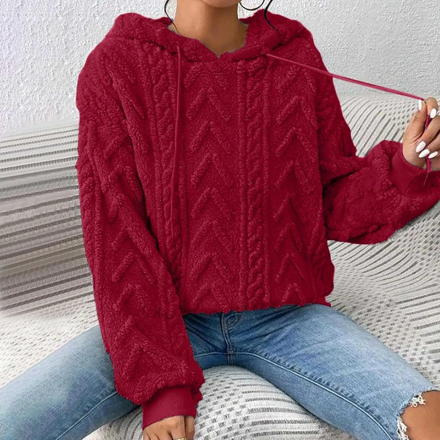 Oversized Hoodie For Women, Cable Knit Fuzzy Pullover Sweatshirt, Fall Clothes