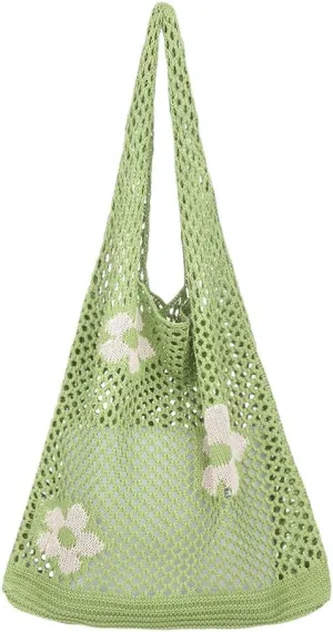 Ovida Crochet Tote Bag Mesh Beach Bag Fairycore Hobo Fairy Grunge Aesthetic Shoulder Bag Y2k Purse for Women Girls