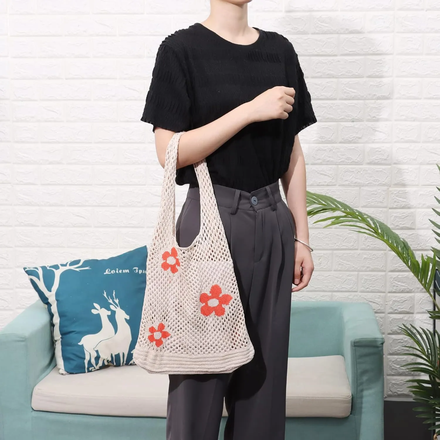 Ovida Crochet Tote Bag Mesh Beach Bag Fairycore Hobo Fairy Grunge Aesthetic Shoulder Bag Y2k Purse for Women Girls