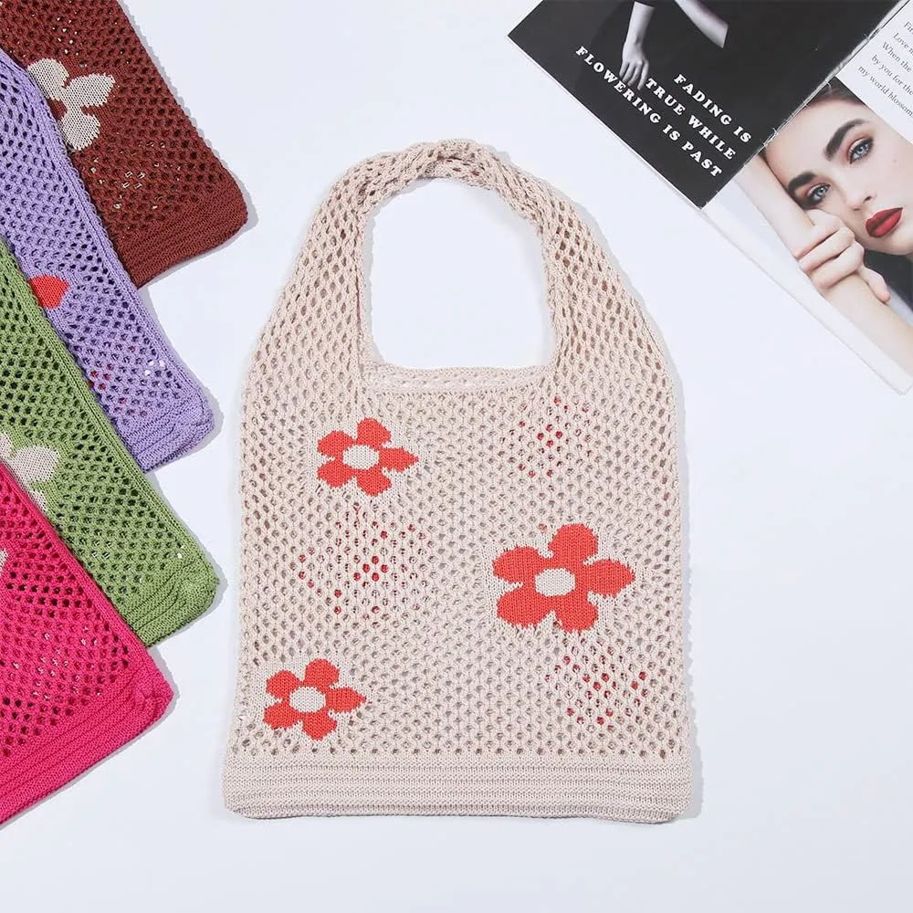 Ovida Crochet Tote Bag Mesh Beach Bag Fairycore Hobo Fairy Grunge Aesthetic Shoulder Bag Y2k Purse for Women Girls