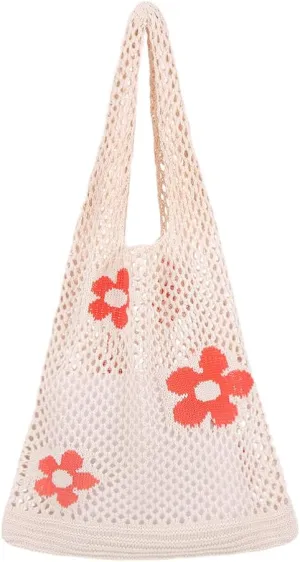 Ovida Crochet Tote Bag Mesh Beach Bag Fairycore Hobo Fairy Grunge Aesthetic Shoulder Bag Y2k Purse for Women Girls