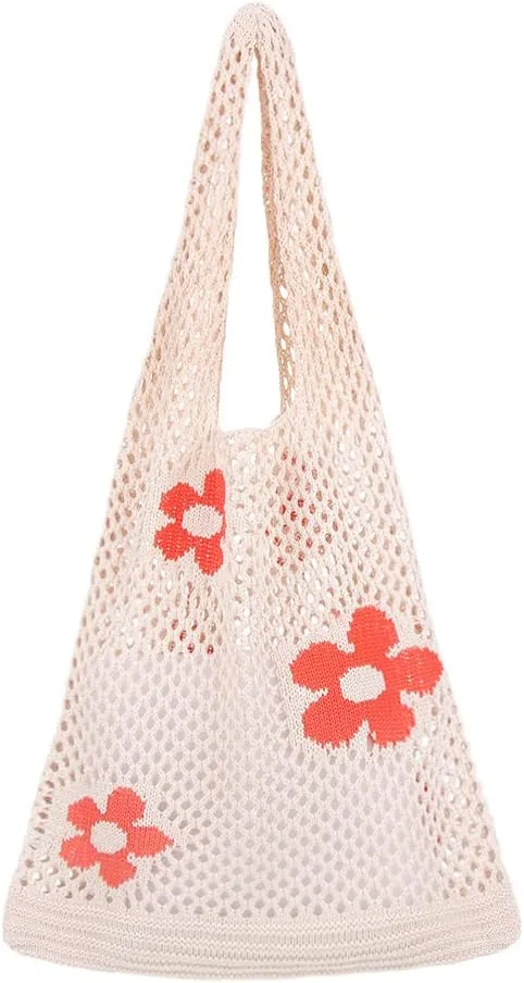Ovida Crochet Tote Bag Mesh Beach Bag Fairycore Hobo Fairy Grunge Aesthetic Shoulder Bag Y2k Purse for Women Girls