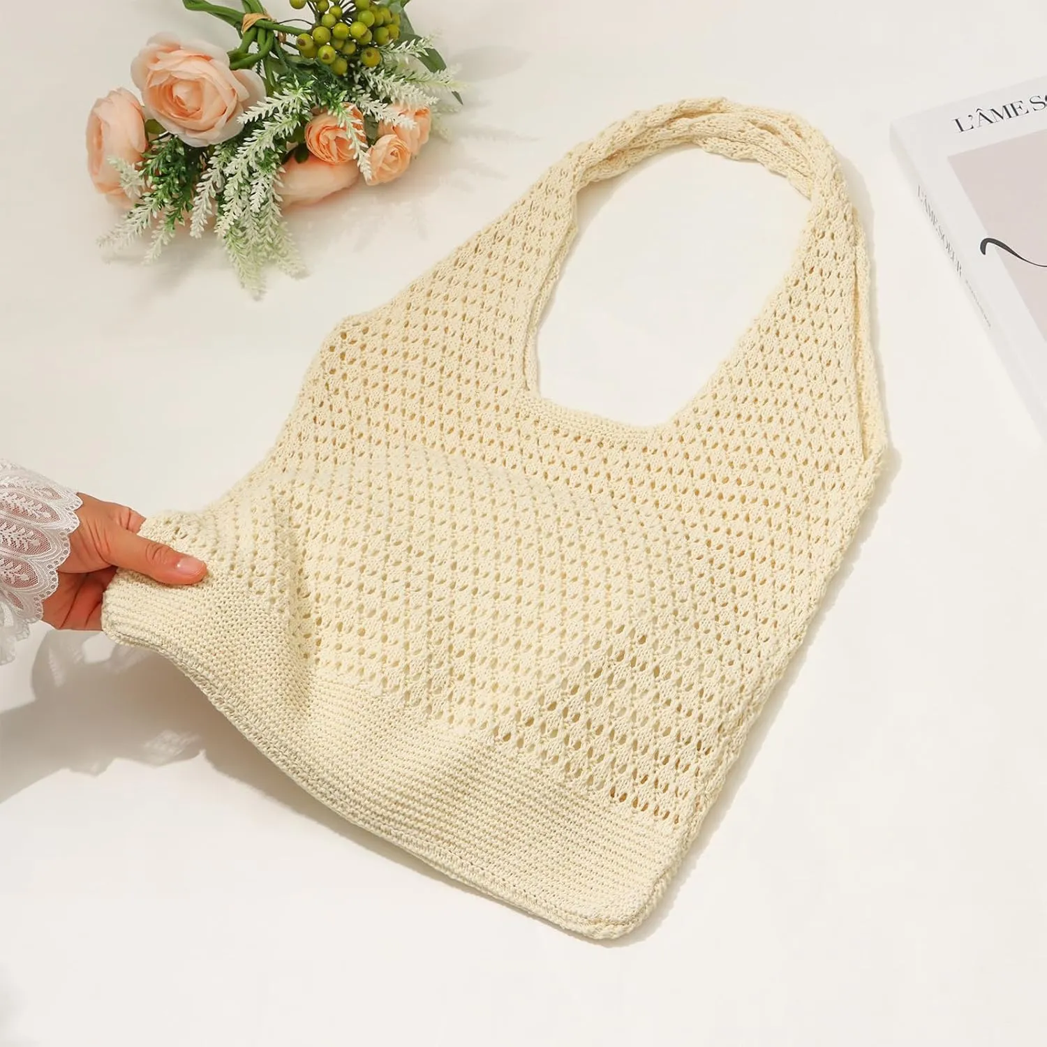 Ovida Crochet Tote Bag Mesh Beach Bag Fairycore Hobo Fairy Grunge Aesthetic Shoulder Bag Y2k Purse for Women Girls