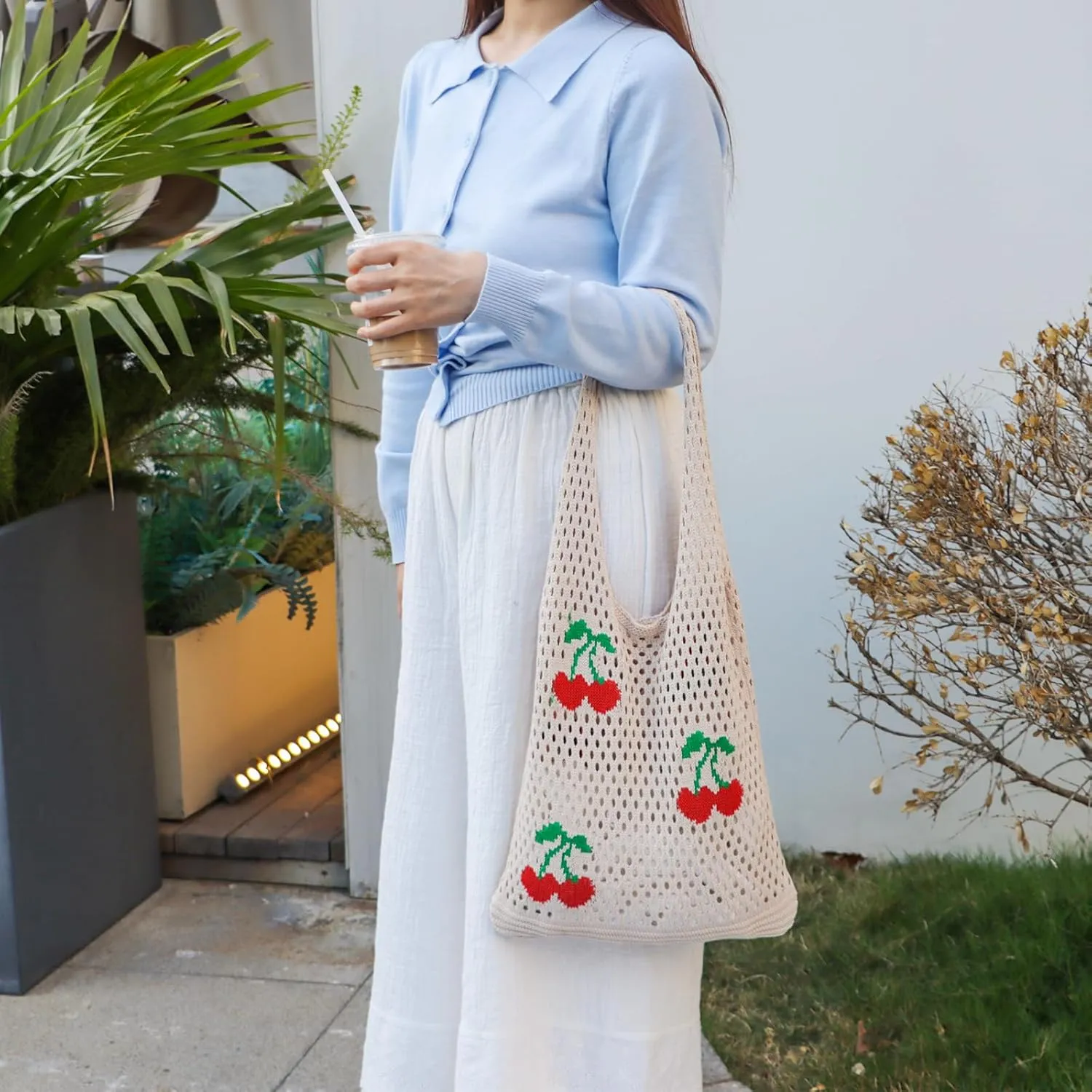 Ovida Crochet Tote Bag Mesh Beach Bag Fairycore Hobo Fairy Grunge Aesthetic Shoulder Bag Y2k Purse for Women Girls