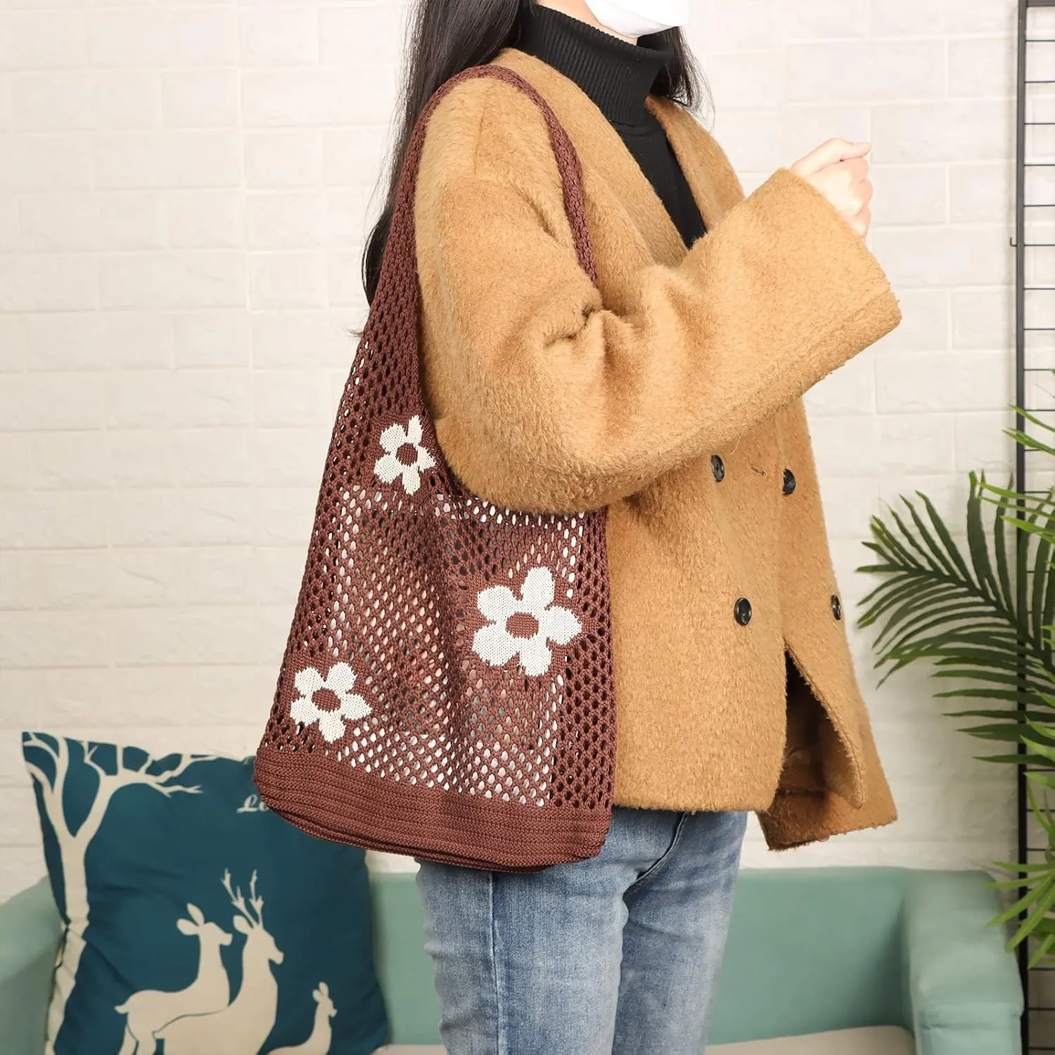 Ovida Crochet Tote Bag Mesh Beach Bag Fairycore Hobo Fairy Grunge Aesthetic Shoulder Bag Y2k Purse for Women Girls