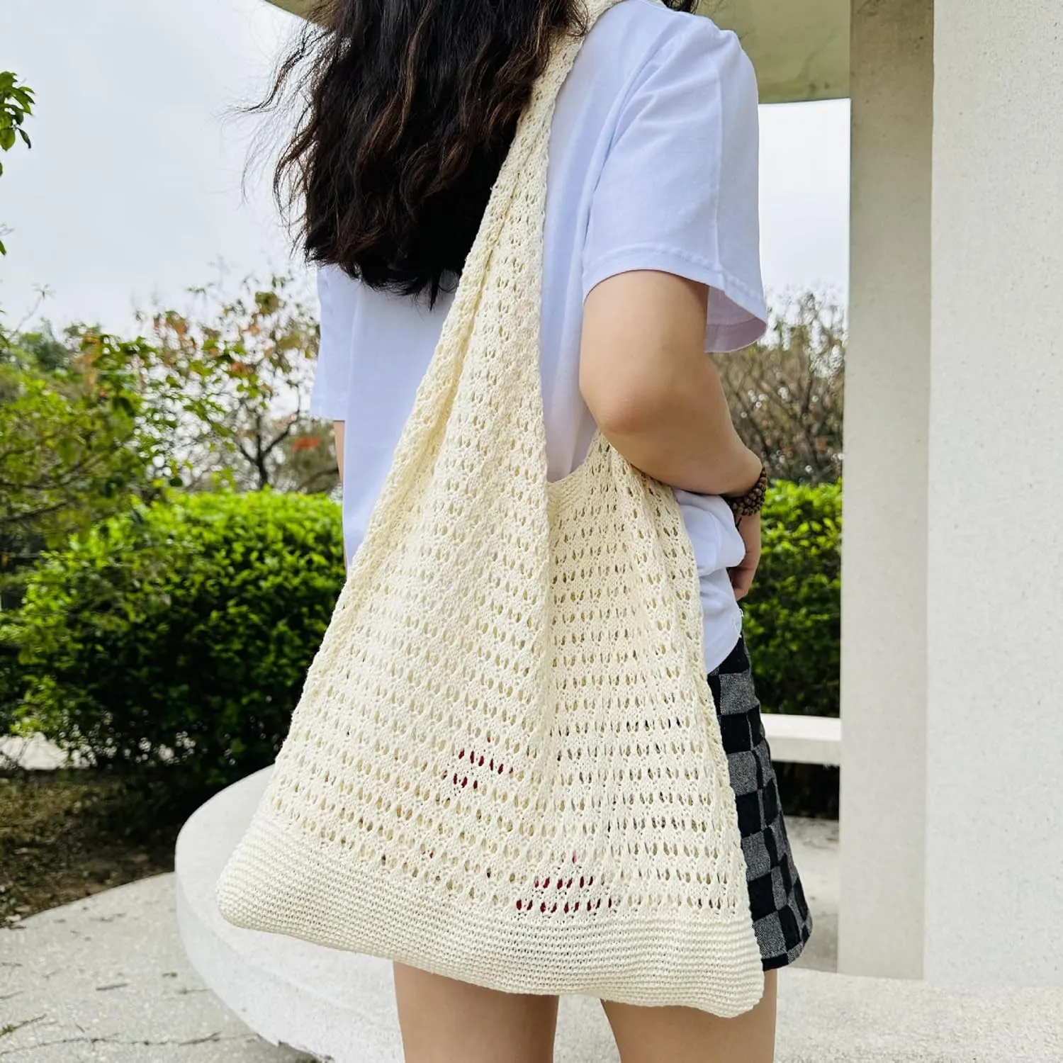 Ovida Crochet Tote Bag Mesh Beach Bag Fairycore Hobo Fairy Grunge Aesthetic Shoulder Bag Y2k Purse for Women Girls
