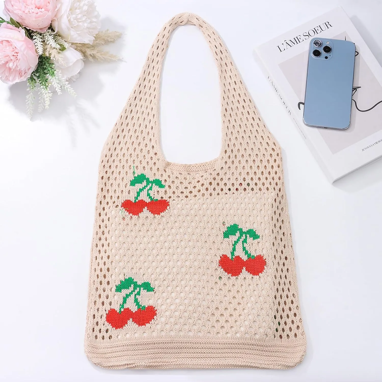 Ovida Crochet Tote Bag Mesh Beach Bag Fairycore Hobo Fairy Grunge Aesthetic Shoulder Bag Y2k Purse for Women Girls