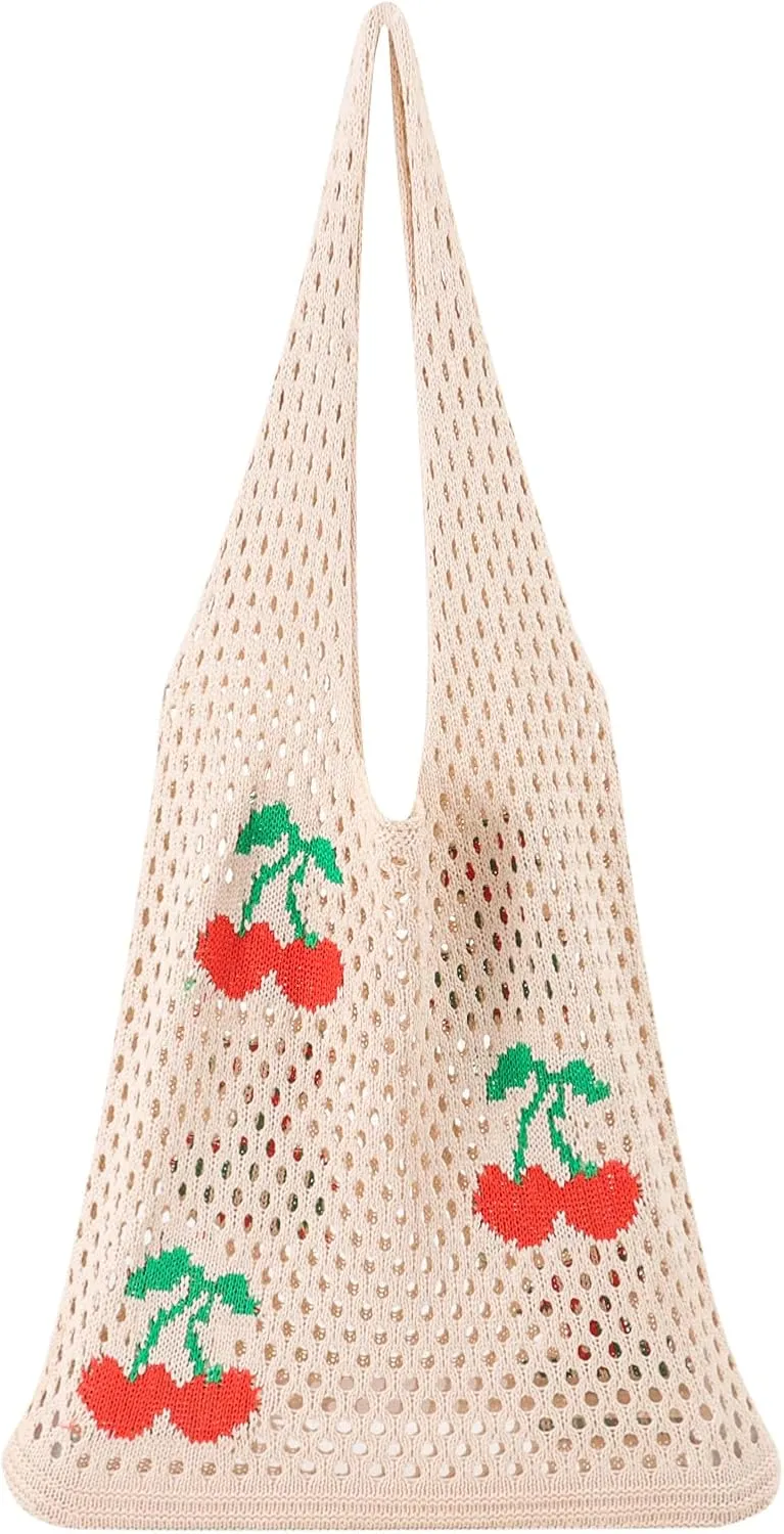 Ovida Crochet Tote Bag Mesh Beach Bag Fairycore Hobo Fairy Grunge Aesthetic Shoulder Bag Y2k Purse for Women Girls