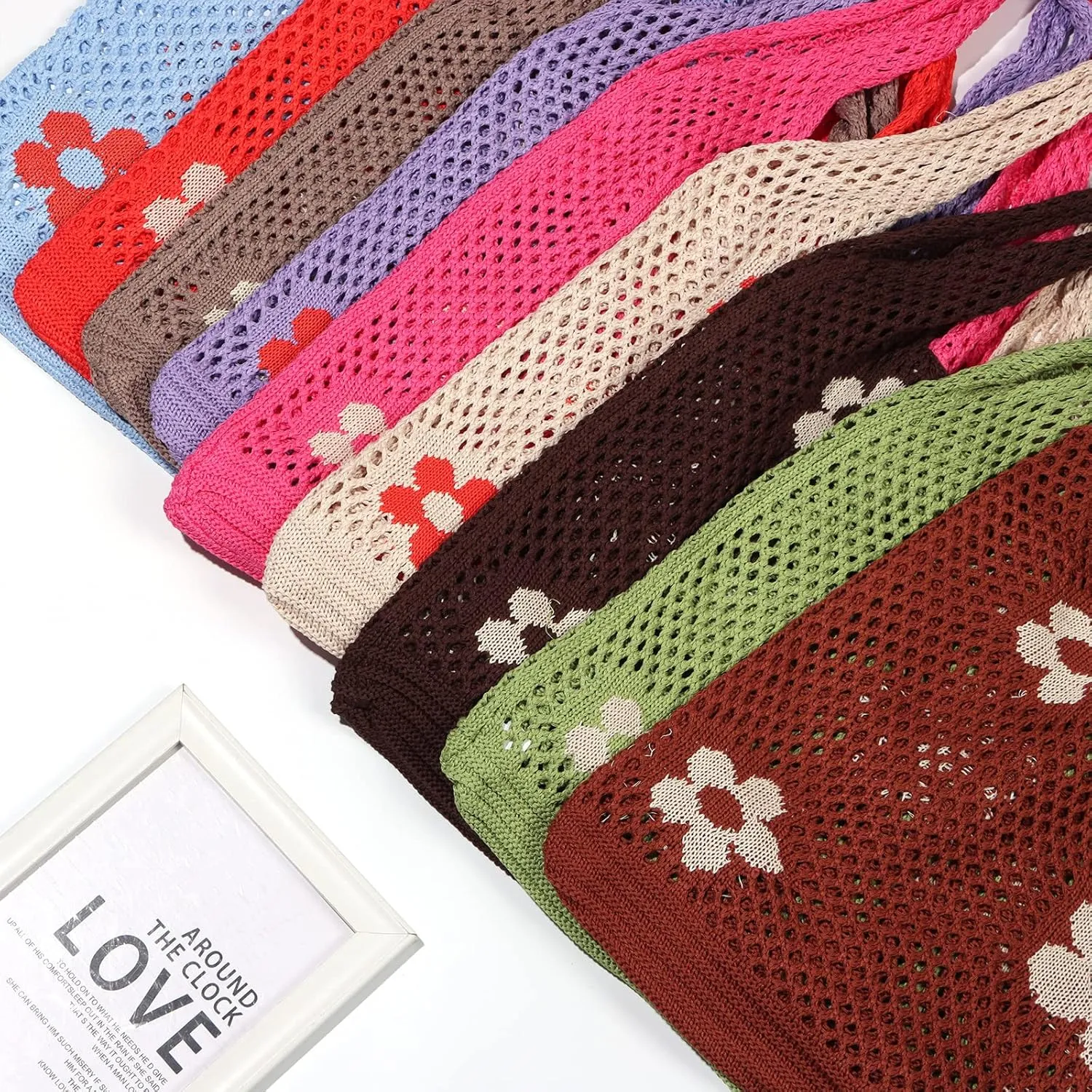 Ovida Crochet Tote Bag Mesh Beach Bag Fairycore Hobo Fairy Grunge Aesthetic Shoulder Bag Y2k Purse for Women Girls