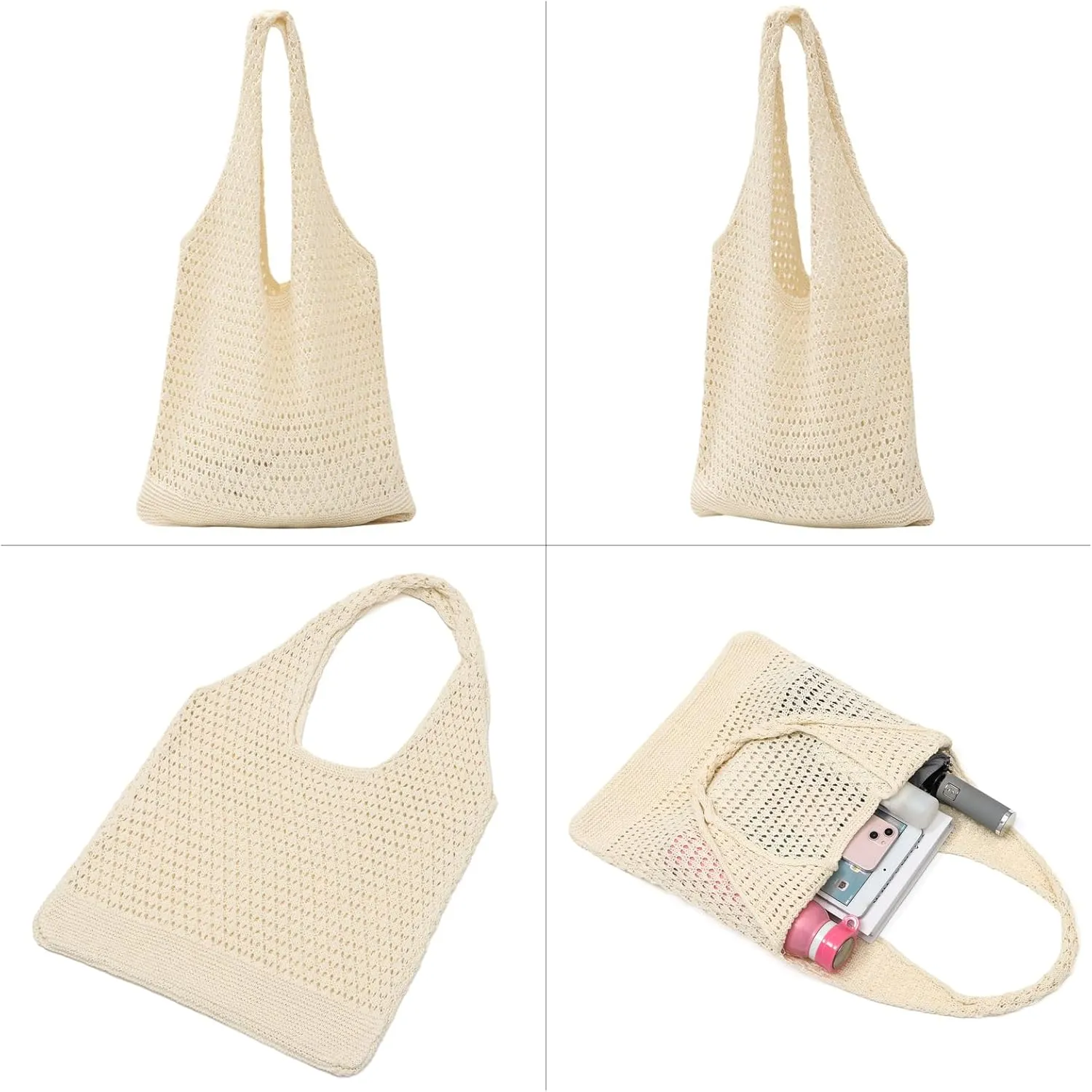 Ovida Crochet Tote Bag Mesh Beach Bag Fairycore Hobo Fairy Grunge Aesthetic Shoulder Bag Y2k Purse for Women Girls