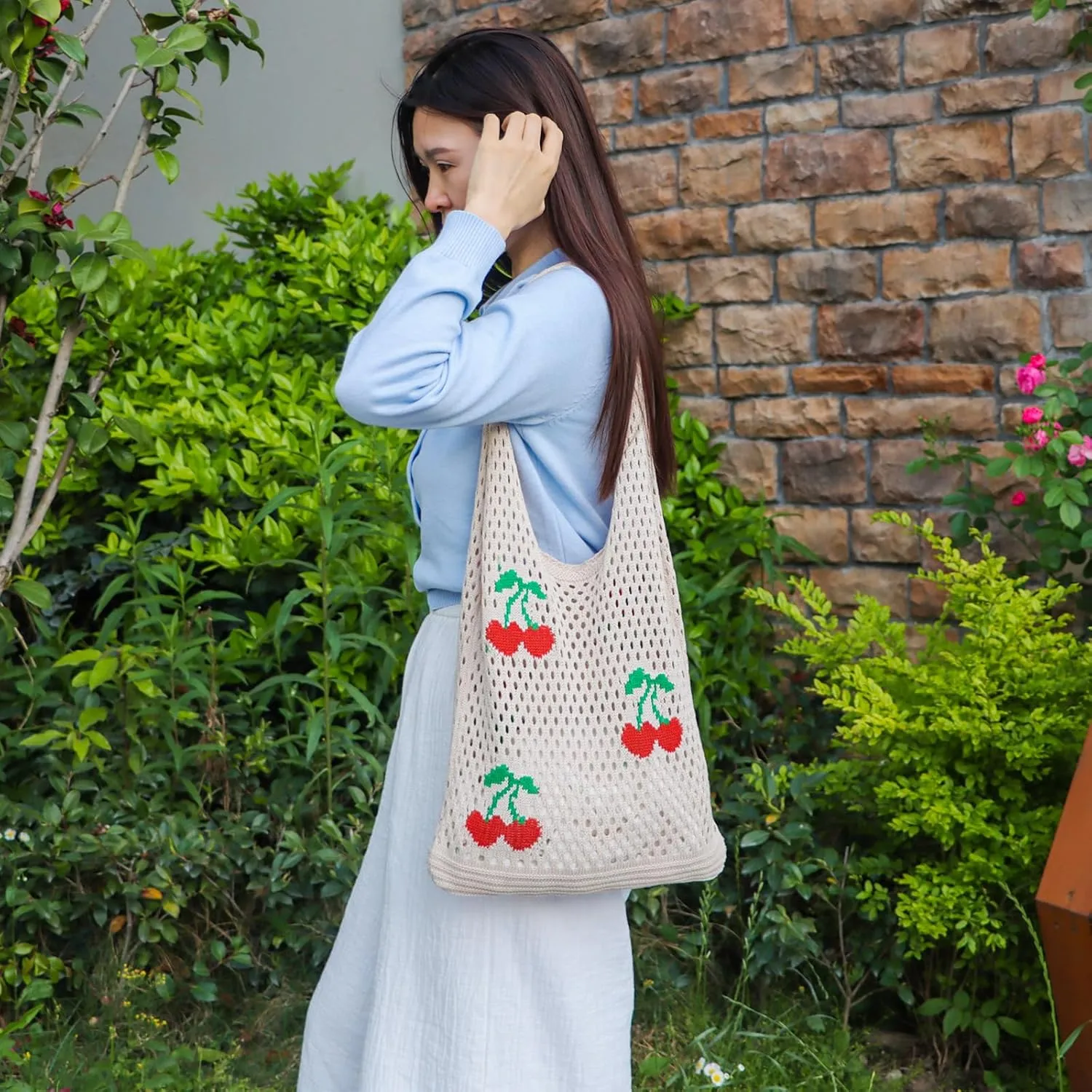 Ovida Crochet Tote Bag Mesh Beach Bag Fairycore Hobo Fairy Grunge Aesthetic Shoulder Bag Y2k Purse for Women Girls