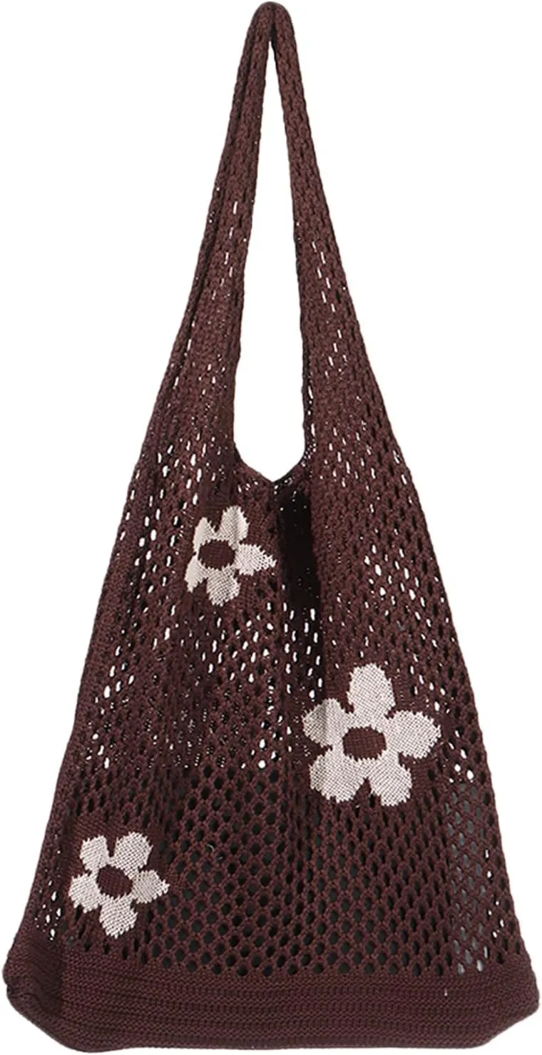 Ovida Crochet Tote Bag Mesh Beach Bag Fairycore Hobo Fairy Grunge Aesthetic Shoulder Bag Y2k Purse for Women Girls