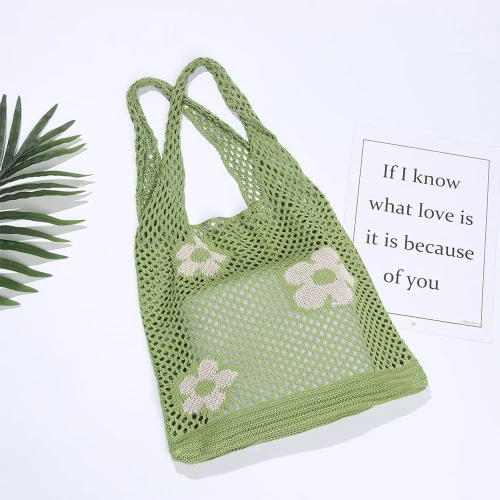 Ovida Crochet Tote Bag Mesh Beach Bag Fairycore Hobo Fairy Grunge Aesthetic Shoulder Bag Y2k Purse for Women Girls