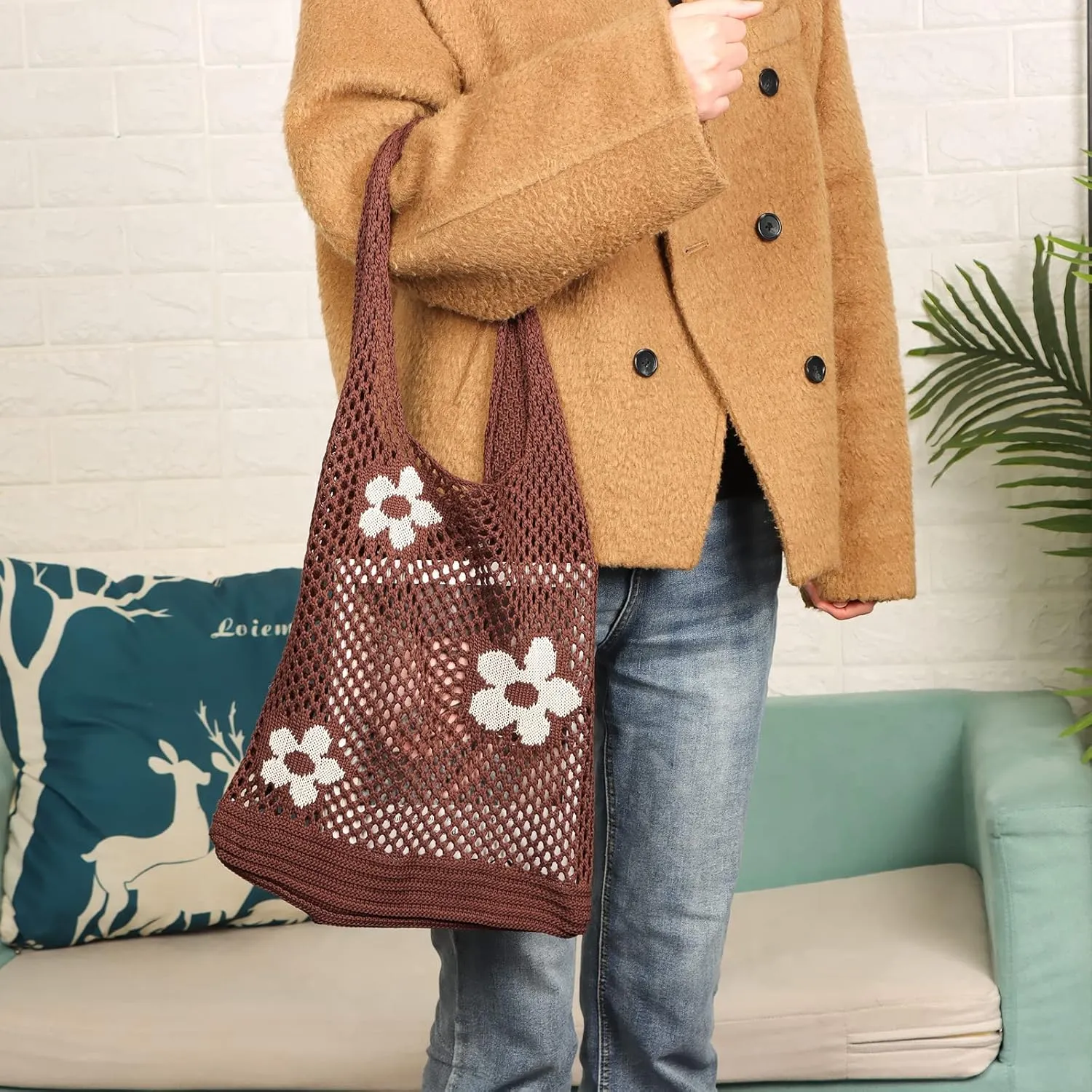 Ovida Crochet Tote Bag Mesh Beach Bag Fairycore Hobo Fairy Grunge Aesthetic Shoulder Bag Y2k Purse for Women Girls
