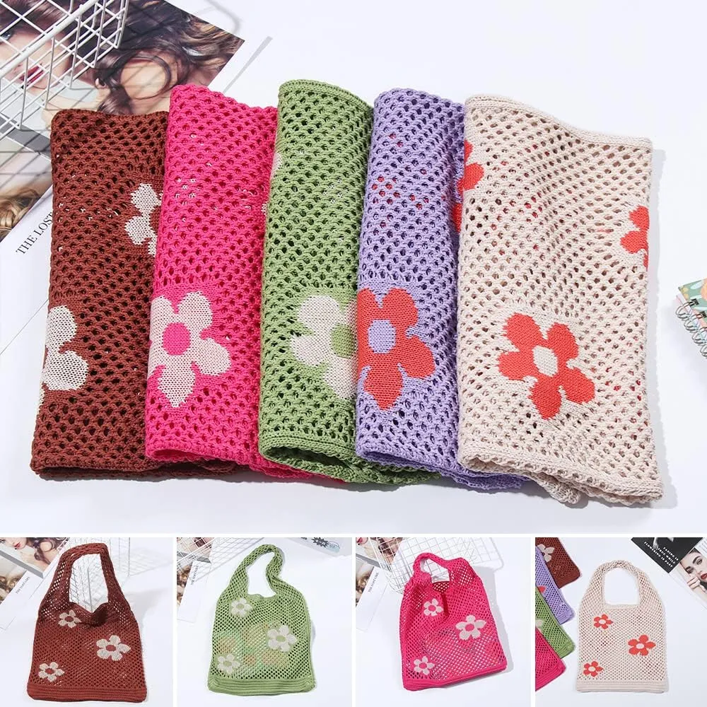 Ovida Crochet Tote Bag Mesh Beach Bag Fairycore Hobo Fairy Grunge Aesthetic Shoulder Bag Y2k Purse for Women Girls