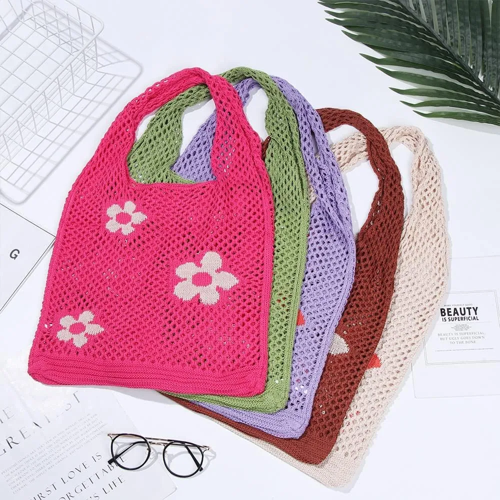 Ovida Crochet Tote Bag Mesh Beach Bag Fairycore Hobo Fairy Grunge Aesthetic Shoulder Bag Y2k Purse for Women Girls